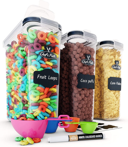 Chef's Path Cereal Storage Containers (4L, Set of 3) - Plastic Airtight Food Storage Containers with Lids, Labels, Spoon Set, Pen - Great for Flour, Rice & Pasta - Kitchen Storage Dispenser Keepers Pack of 3