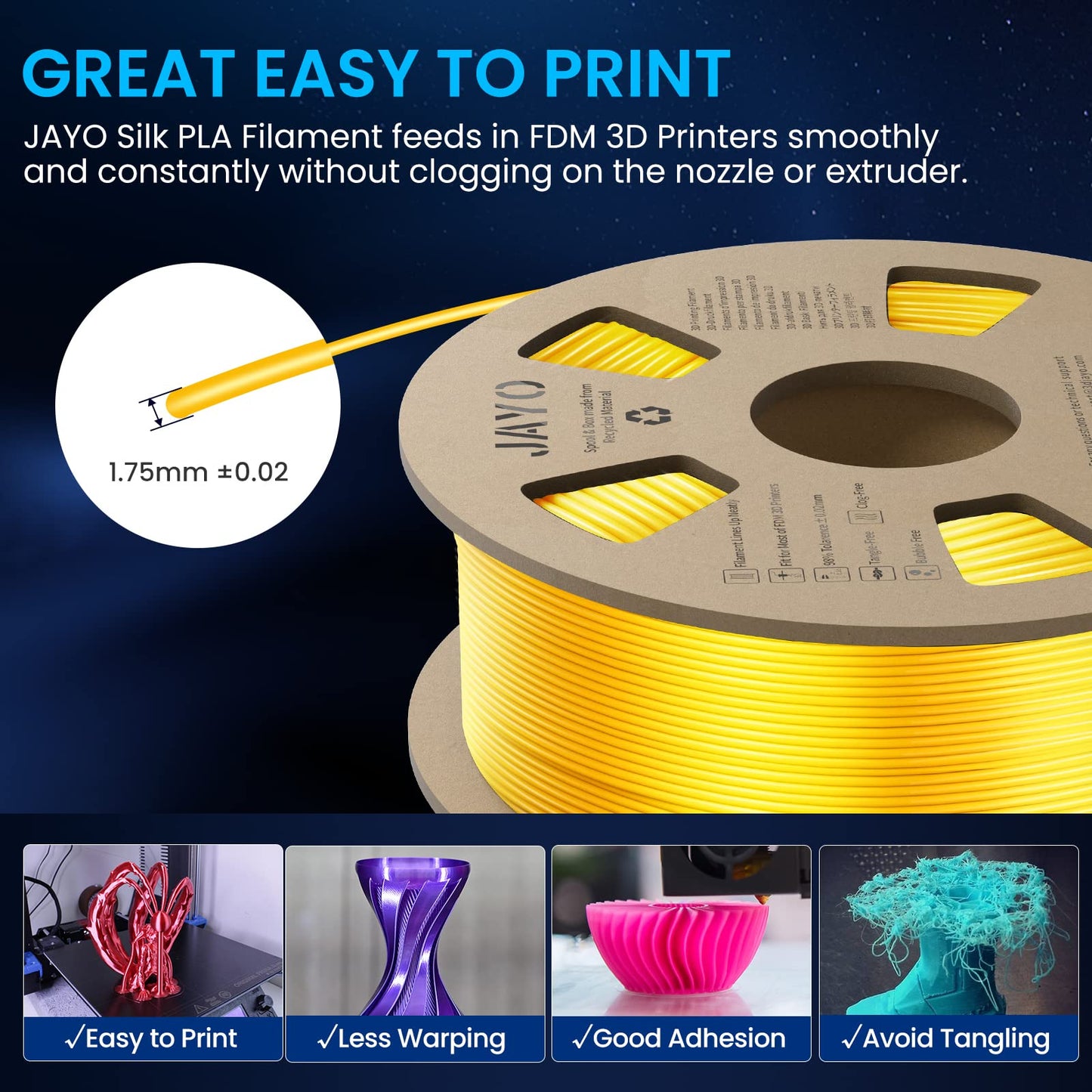 JAYO PLA Silk Filament 1.75mm, Shiny PLA 3D Printer Filament 2.2kg, Neatly Wound Filament, Dimensional Accuracy +/- 0.02, 2 Spools PLA+ Silver+Light Gold 2.2kg Silver+Gold