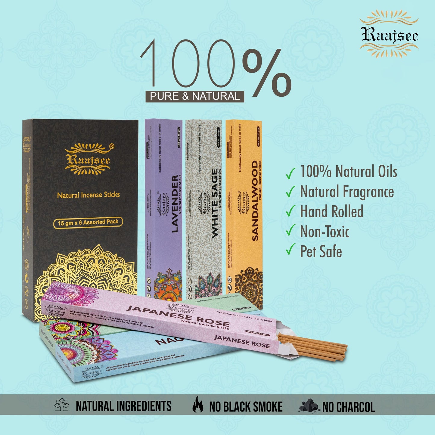 raajsee Natural Incense Sticks-100% Organic Hand rolled 6 PACK15gm each Insencents Sticks- Free from Chemicals & Charcol-No Black Smoke Joss Sticks Rj 6 Pack 1