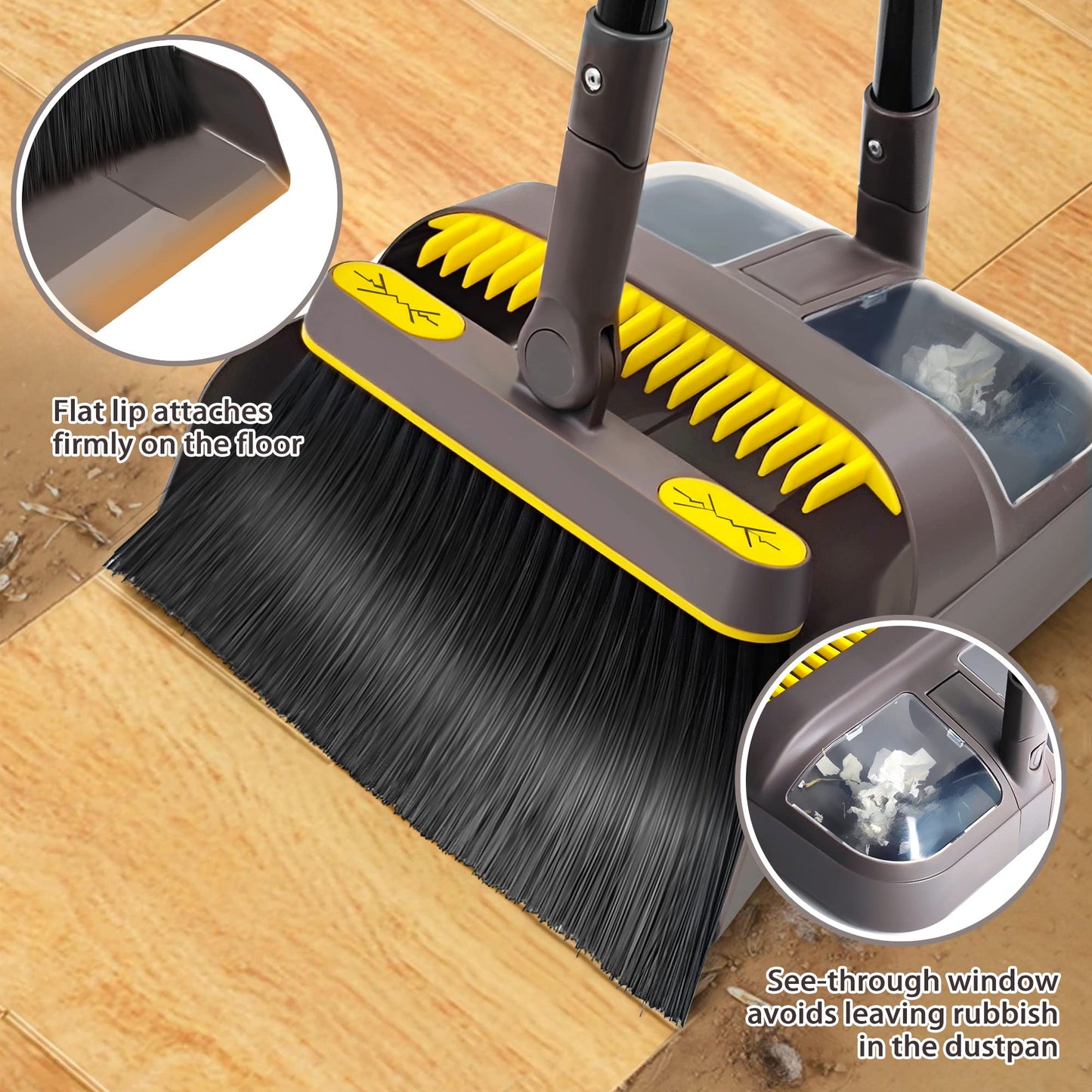 JEHONN Dustpan and Brush Set with 138 CM Long Handle, Tall Sweeping Broom with 180 Degree Swivel Head, Unique Garden Dust Pan with Comb Teeth for Indoor Outdoor Home Lobby Kitchen Office Room Brown Yellow