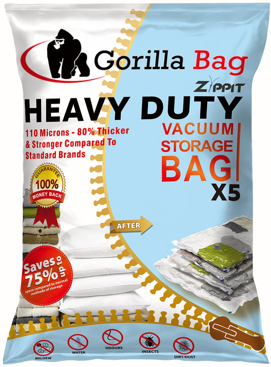 HEAVY DUTY 5 VACUUM STORAGE BAGS by Gorilla Bags, Extra Large 100x80cm. Extra Strong 110 Microns. Double Zip Seal & Unique Turbo Valve Keeps Items Compressed For Longer. 5 Large 100x80cm