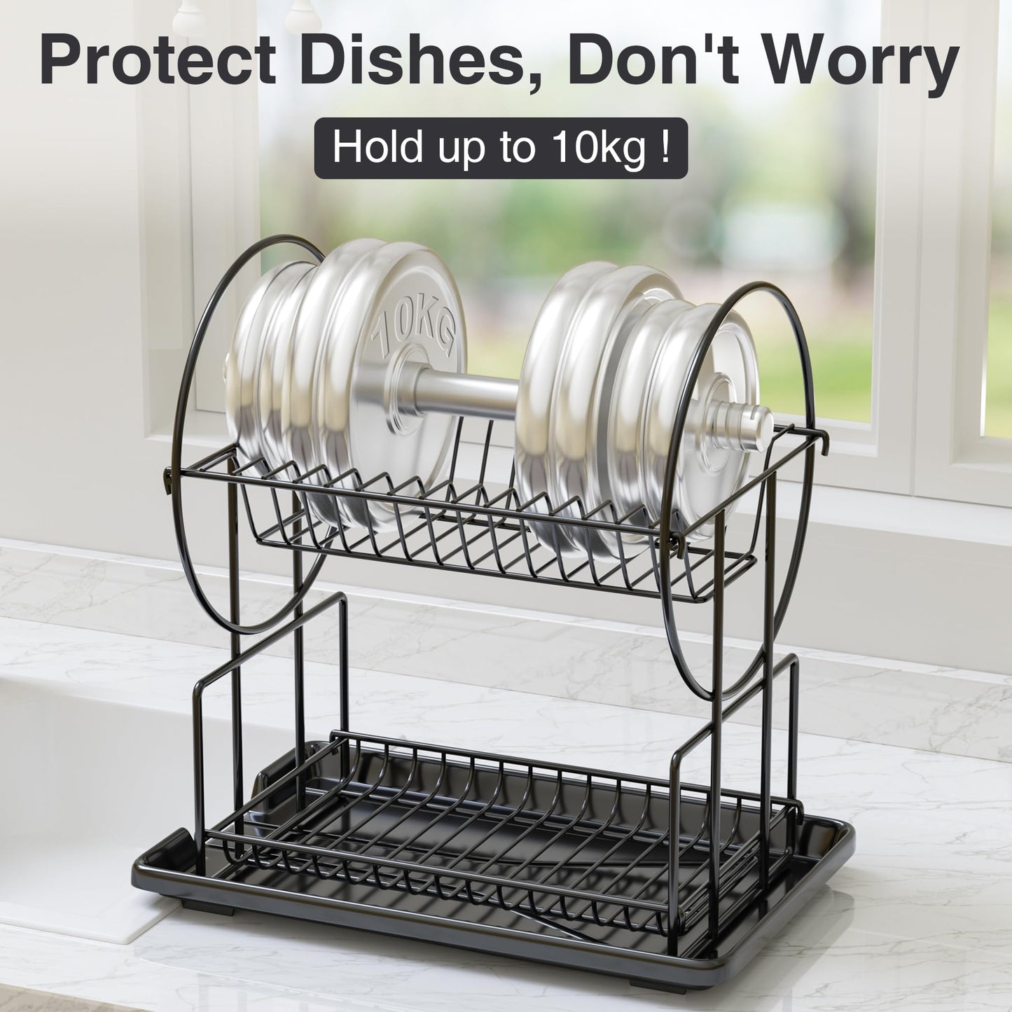 2 Tier Black Dish Drainer Rack with Drip Tray, Stainless Steel Draining Dish drainer with Draining Board and Utensils Holder, Dish Drying Rack for Small Kitchen Countertop