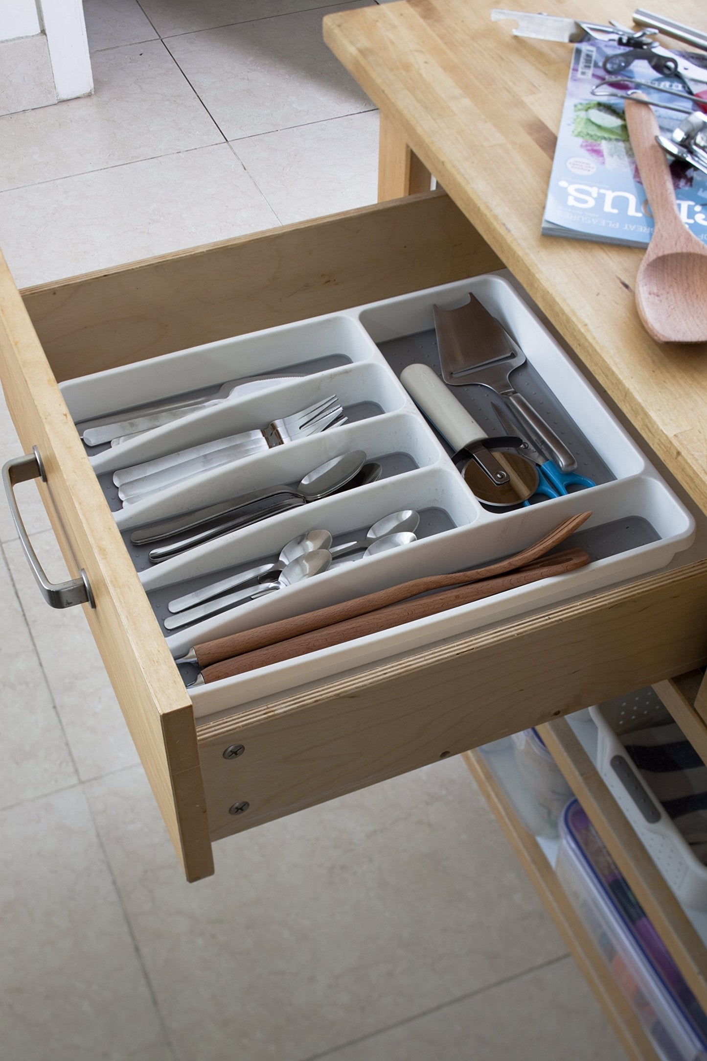 Addis Premium Soft touch 6 Compartment Cutlery Drawer Organiser Tray, White and Grey 6 Sections White Dark Grey Single