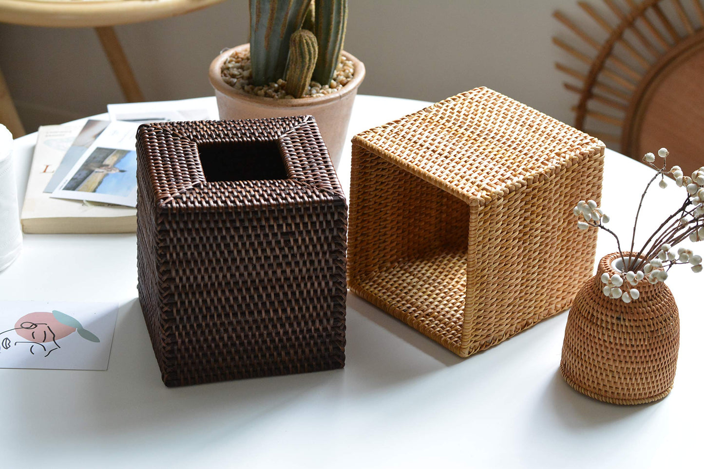 Square Rattan Tissue Box Cover, Hand Woven Wicker Tissue Holder, 14.5 x 14.5 x 14.5 cm, Natural