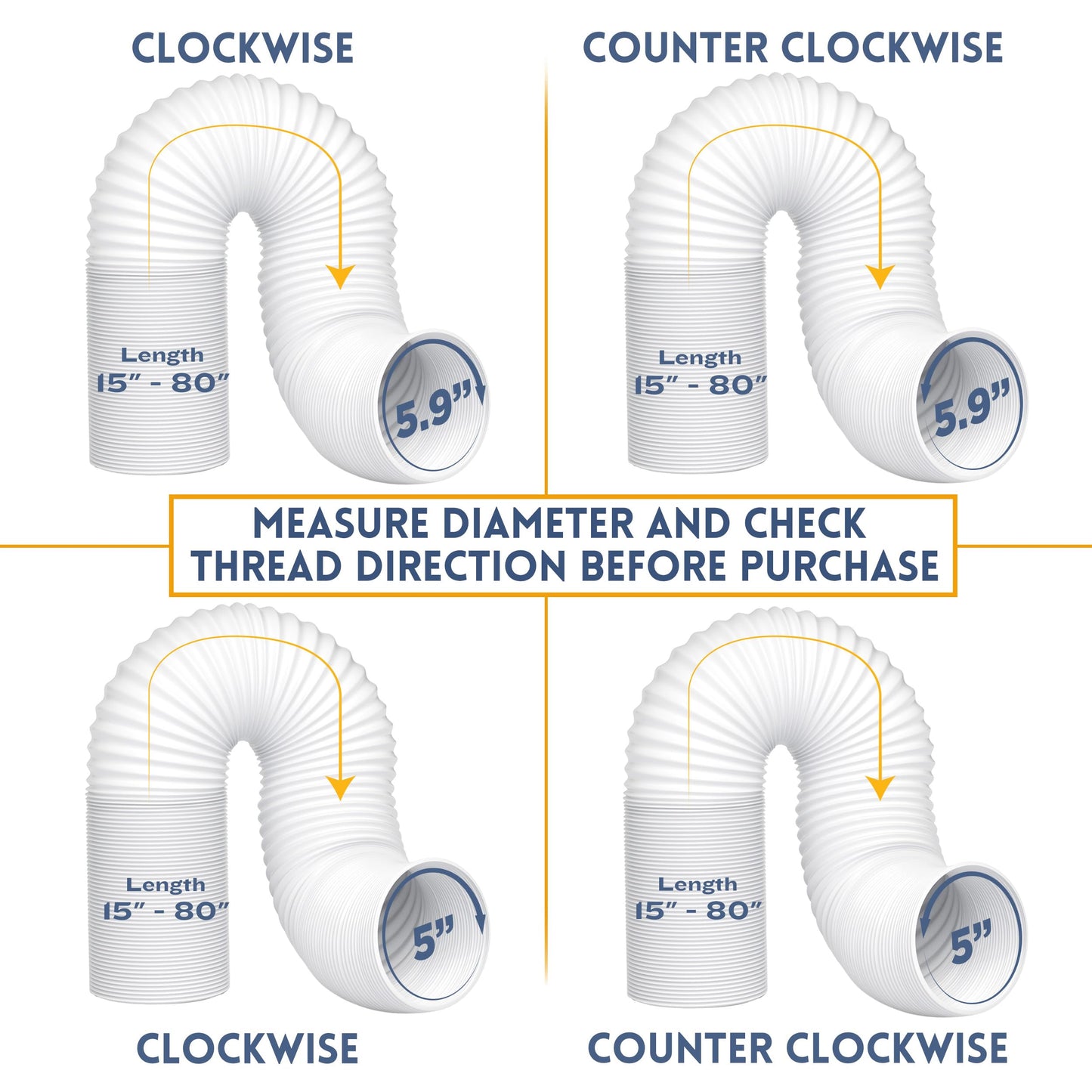 Air Conditioner Hose. Portable Exhaust Vent with 5.9" Diameter, Anti-Clockwise Thread & Length up to 80". Compatible with LG, Delonghi and Many More Portable Air Conditioners