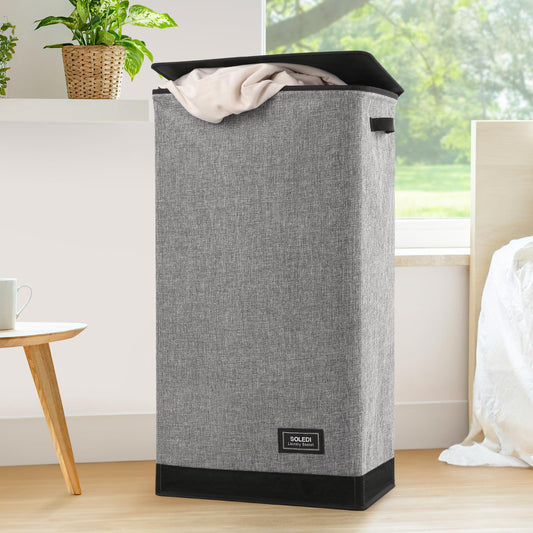 SOLEDI Laundry Basket with Lid 100L Large Hamper, Washing Baskets for Inner Bag and Handles - Foldable Bedrooms Dirty Clothes Bin Grey