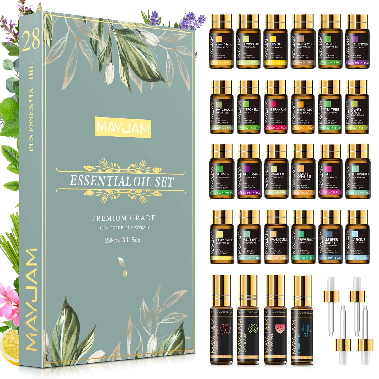 MAYJAM Essential Oils Set 28 - Essential Oils Gift Set for Humidifier, Diffusers, DIY, Home, 24 Single Essential Oil + 4 Blends Essential Oil Plants-160ML