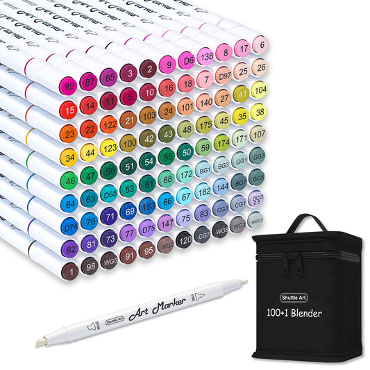 Shuttle Art 100 Colours Alcohol Markers, Dual Tip Art Markers Plus 1 Blender Art Pens for Drawing, Sketching Highlighting, Marker Pens with Carrying Case for Artists and Adult Colouring Manga Design