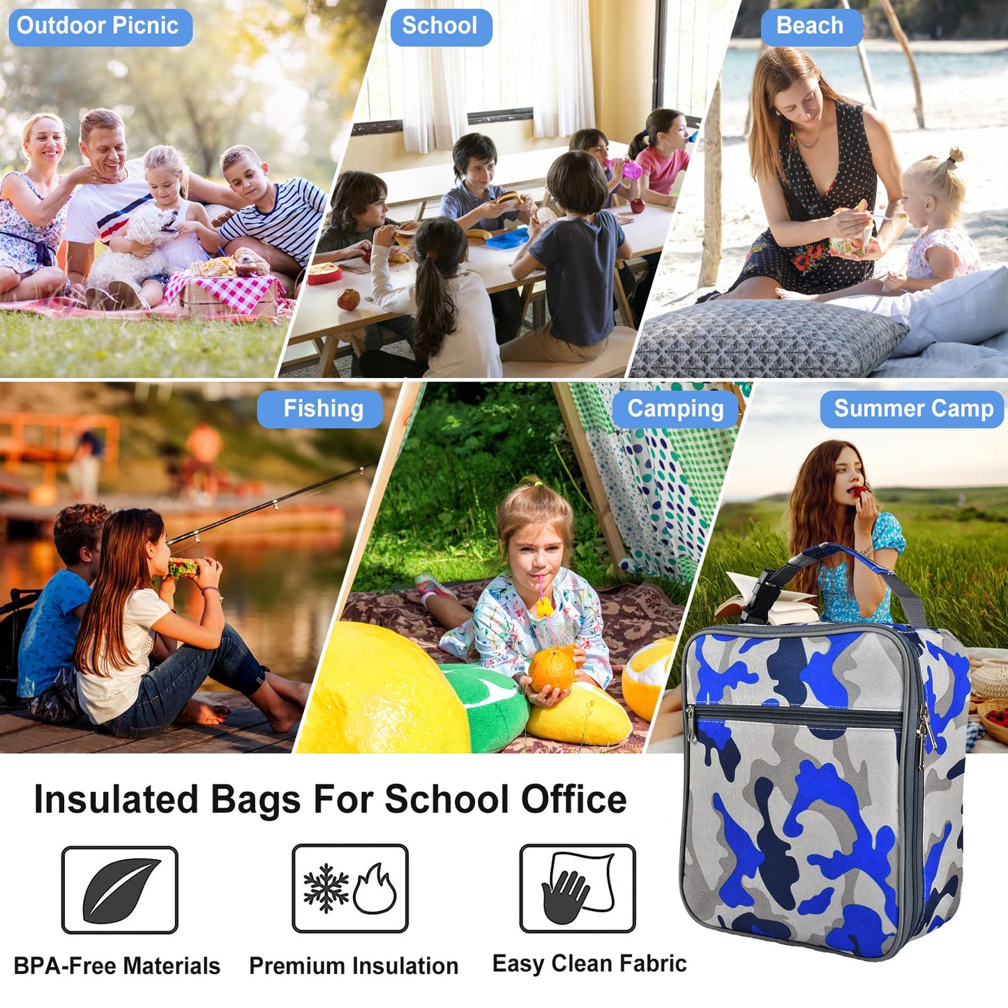 IWTTWY Insulated Lunch Bag Camo Cooler Bag Portable Carrying Lunch Box Bag for Boys Girls Women Men to School Office Outdoor (Camo Blue) Camo Blue