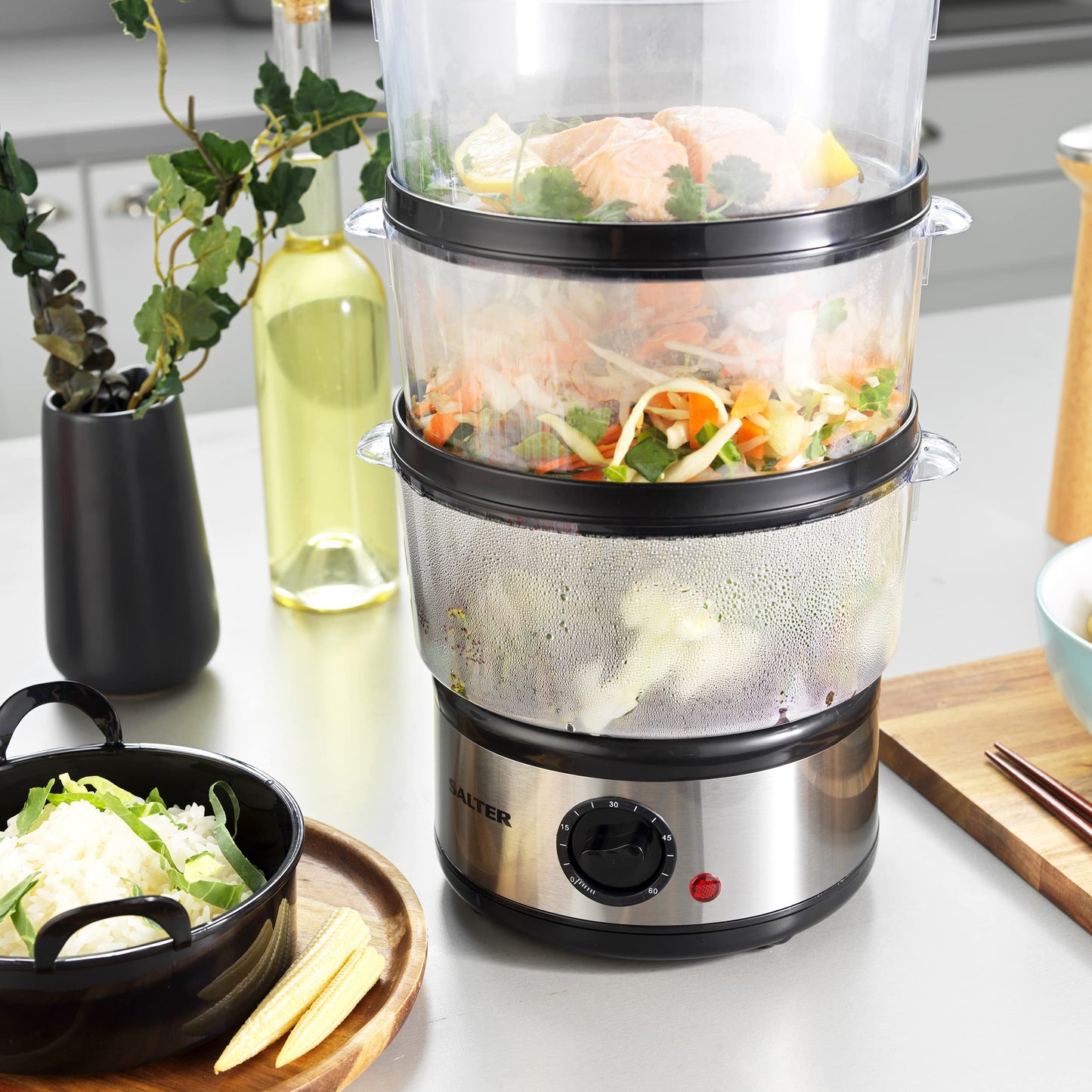 Salter 3-Tier Food Steamer - 7.5L Stainless Steel Multi-Cooker for Meat, Dumpling & Vegetable, Energy Efficient, 60 Minute Timer, 3 Removable Cooking Bowls & Rice Bowl, Compact Storage, 500W