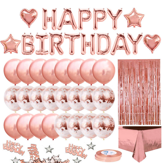 iZoeL Rose Gold Birthday Party Decoration for Girls Women Happy Birthday Banner, Rose Gold Fringe Curtain Foil Tablecloth, Heart Star Confetti Balloons and 10g Table Confetti Pink