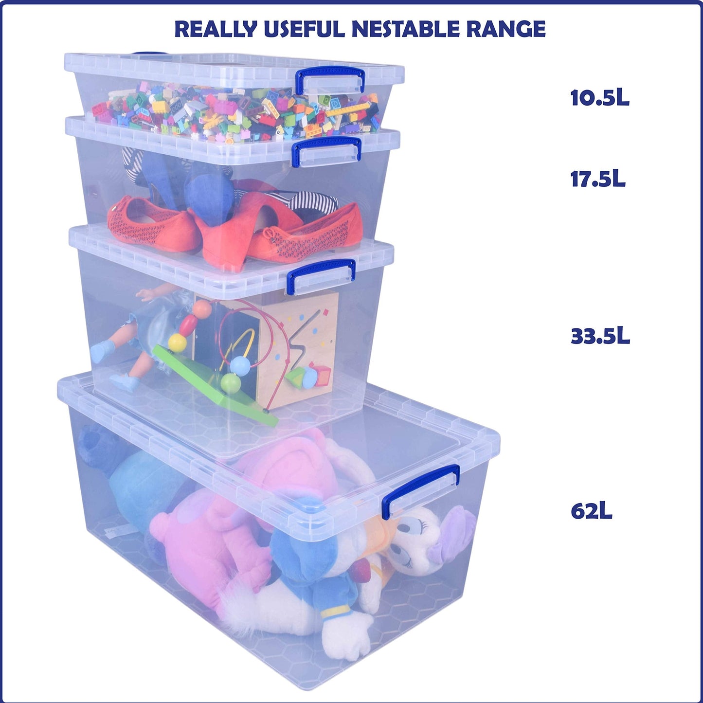 Really Useful Nestable Plastic Storage Box 17.5 Litre Clear (Pack of 3) 17.5 Litre Nestable Clear Pack of 3 in Card