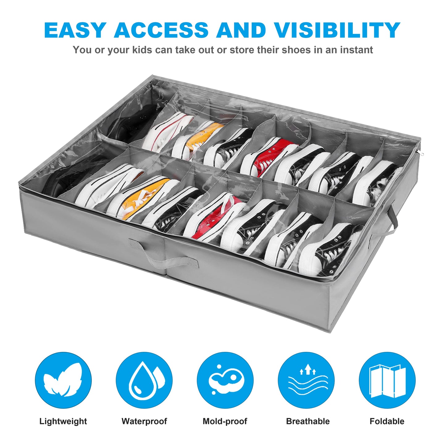 Under Bed Shoe Storage Organiser Set of 2, Fits 32 Pairs Total, Underbed Shoe Box/ Containers w/ Reinforced Handles, Clear Foldable Organiser Adjustable Dividers w/ Bottom Support Velcro 2 SHOES