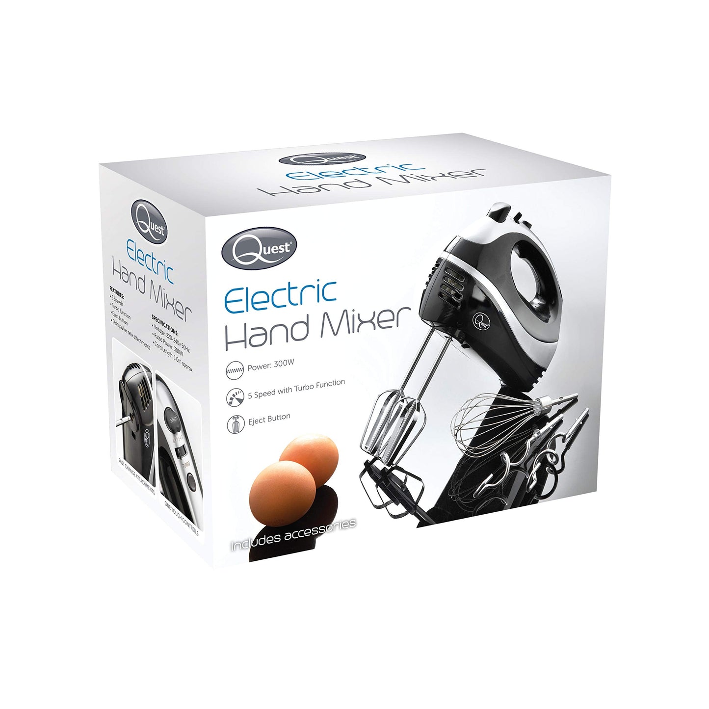 Quest 35810 Electric Hand Mixer / Complete With Chrome Beaters, Dough Hooks & Balloon Whisk / 5 Speed With Turbo Function / 300W / Black Colour Black/Silver