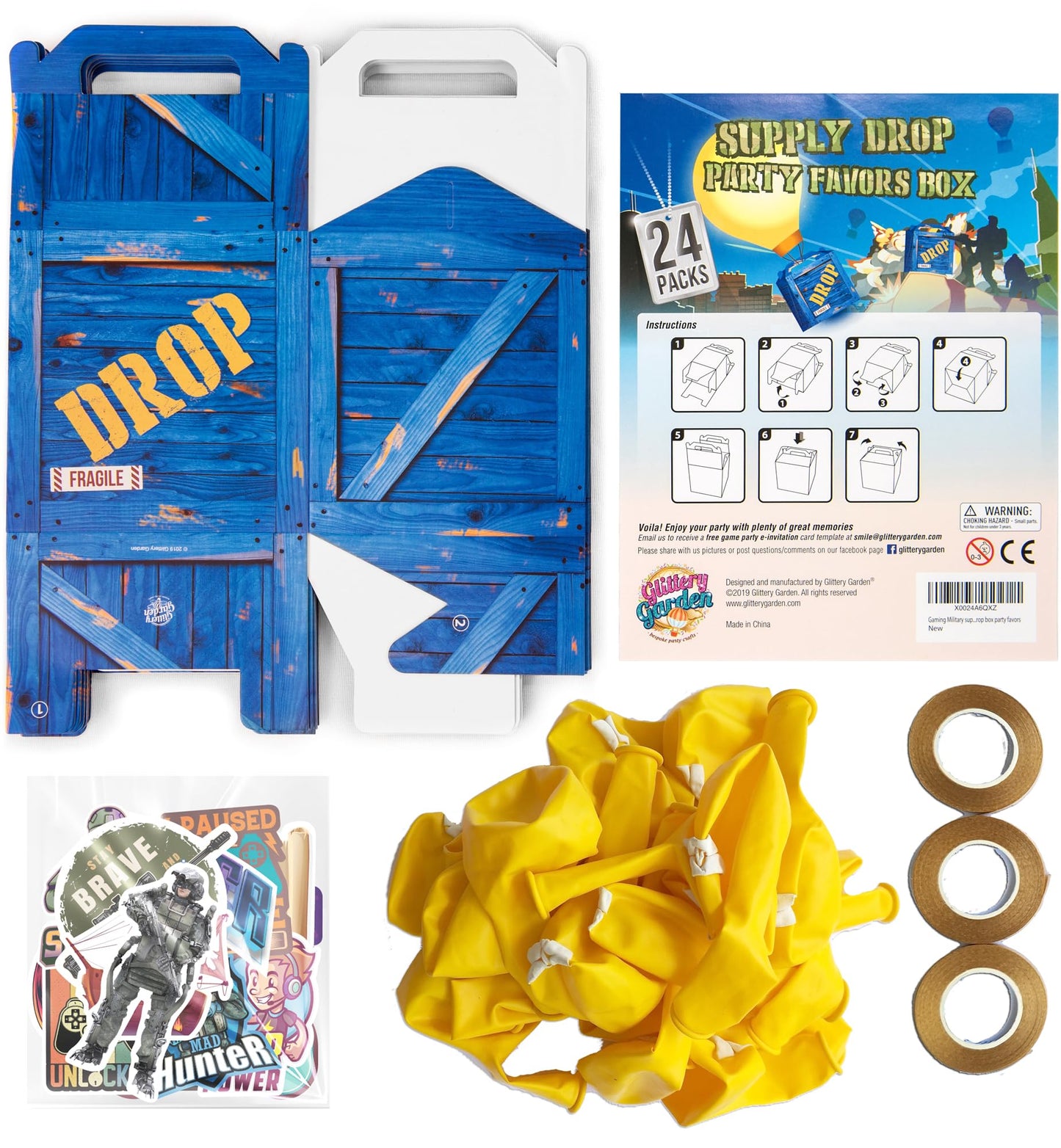 Game Party Military Supply Loot Drop Box Party Favors - 24-Pack. Party Decoration and Gift Bags, Gaming Themed Birthday Activities and Party Supplies 24-pack & balloons