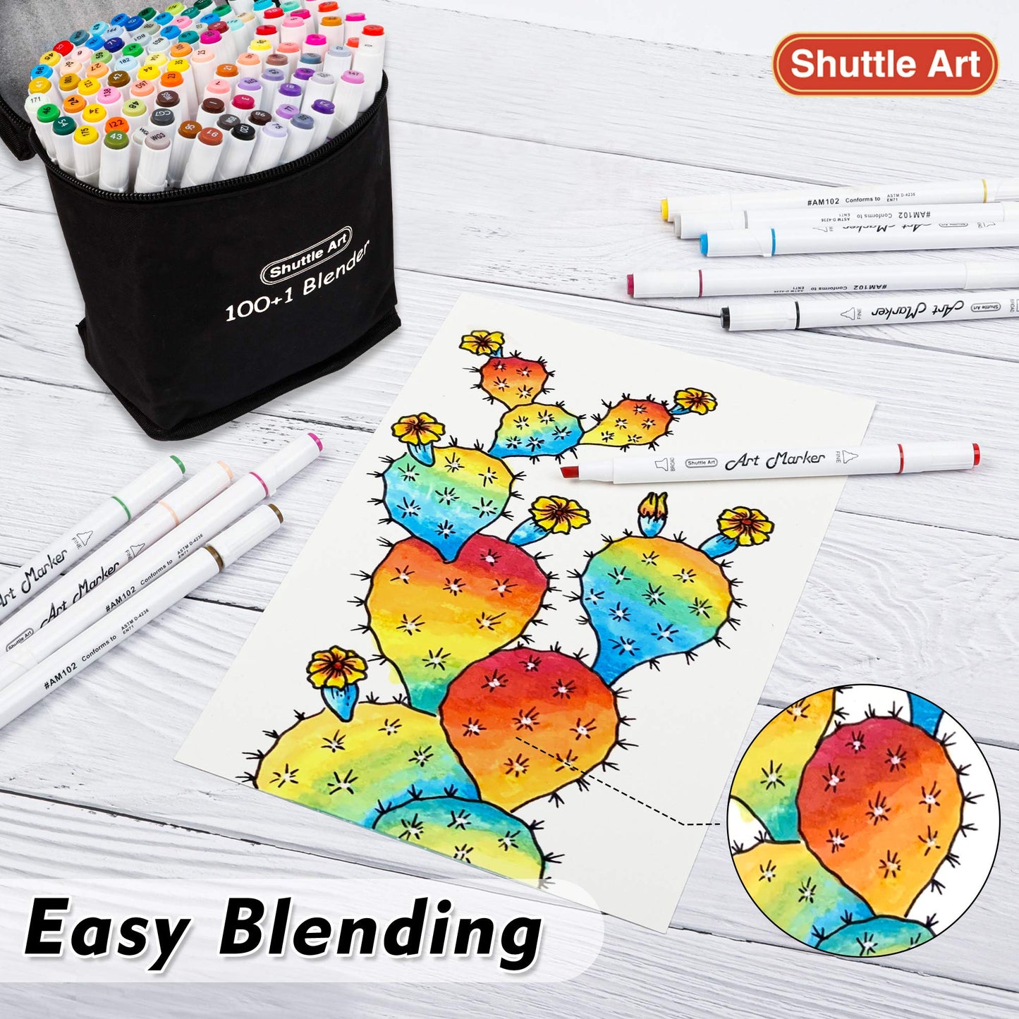 Shuttle Art 100 Colours Alcohol Markers, Dual Tip Art Markers Plus 1 Blender Art Pens for Drawing, Sketching Highlighting, Marker Pens with Carrying Case for Artists and Adult Colouring Manga Design