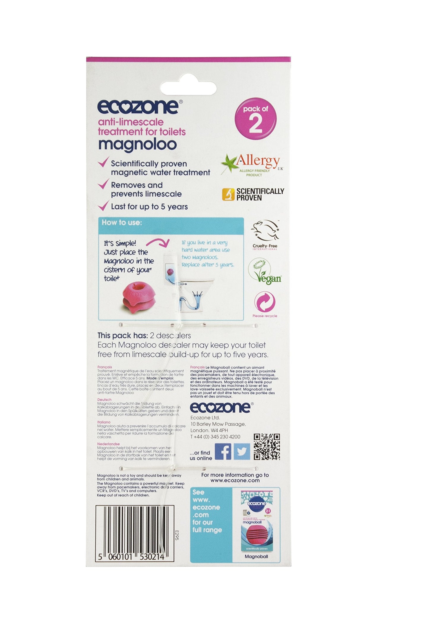 Ecozone Magnoloo Anti Limescale Treatment For Toilets, Removes & Prevents Limescale, Lasts For Up To 5 Years, AllergyUK Certified, Vegan, Cruelty Free - Pack of 2 Single