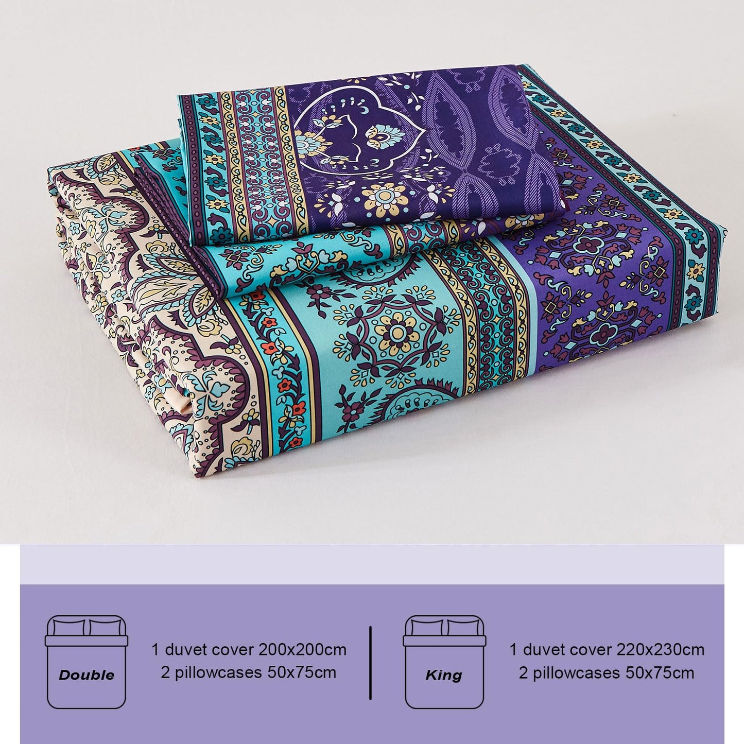 King Size Bohemian Duvet Cover Purple and Blue Colorful Boho Bedding Set with 2 Pillowcases Soft Microfiber Moroccan Bed Cover 220cm X 230cm King Size 220x230cm Purple Blue