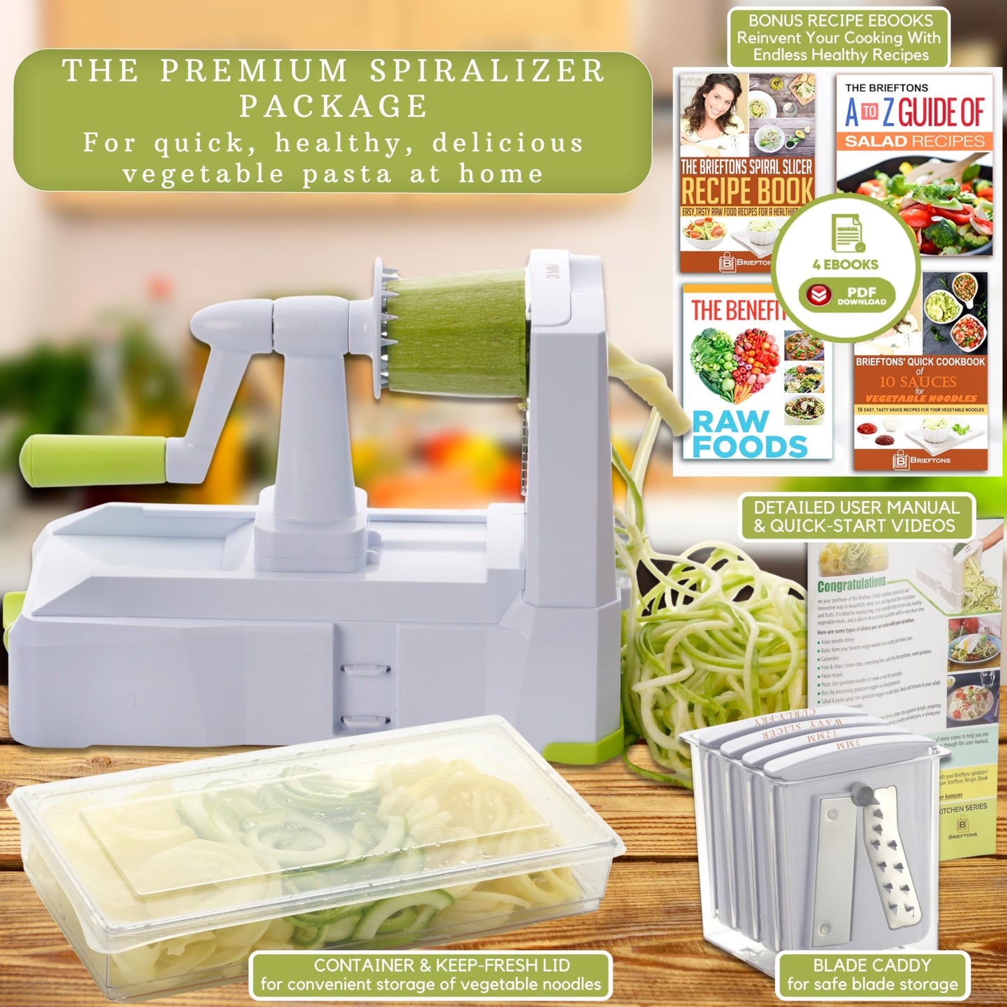 Brieftons 7-Blade Vegetable Spiralizer: Strongest-Heaviest Spiral Slicer, Best Veggie Pasta Spaghetti Maker for Low Carb/Paleo/Gluten-Free Meals, with Blade Caddy, Container, Lid & 4 Recipe Ebooks 2. White (7 Blades)