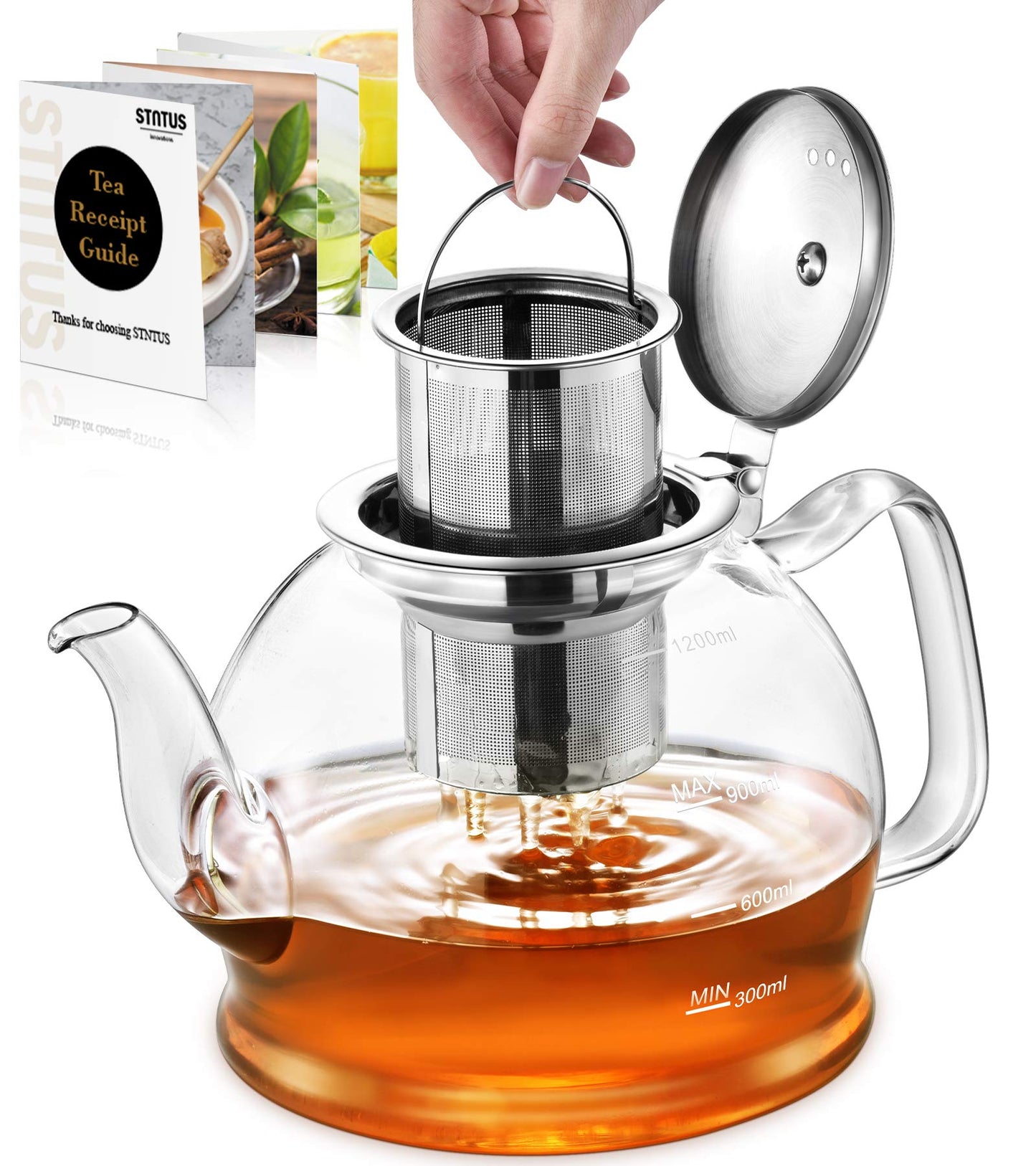 Glass Teapot, 1200 ml Tea Pot, STNTUS Teapot, Glass Teapot with Infuser, Borosilicate Teapot with Infuser for Loose Tea, Teapot with Stainless Steel Strainer for Loose Tea, Teapot for 4-6 Cups 1200ml