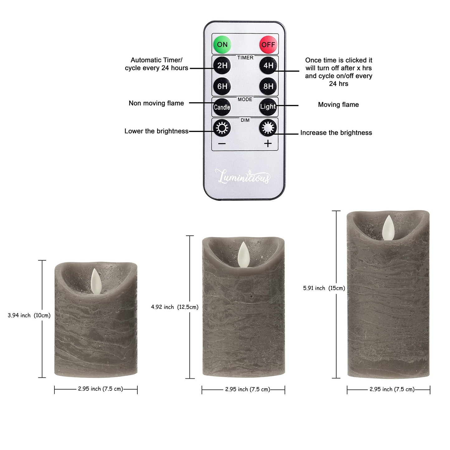 Flameless Candles Flickering LED | Battery Operated Electric Pillar Candle | Realistic Moving Flame Flicker with Remote Control & Timer | Real Wax Grey | Great Home Decor | Decorative Gift Gray