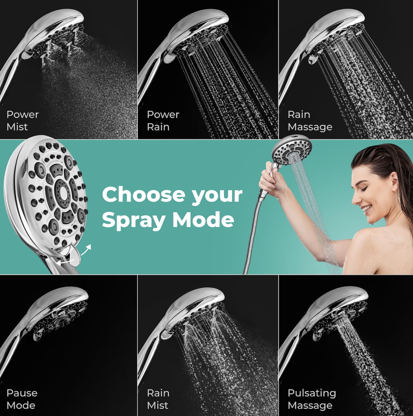 Lokby 6 Settings Shower Head High Pressure - Water Saving System 28% Less Water with High Pressure Shower Heads - Low Pressure Shower Head - Anti-Clog Nozzles Prevent Build Up - G1/2 Connection 6-Mode Premium Chrome (No Hose)