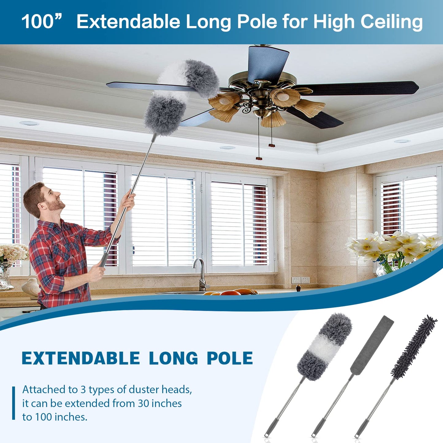 Feather Dusters for Cleaning - Extendable Duster with Telescoping Extension Pole 30 to 100 Inches, Microfiber Dusters for Cleaning Cobweb, High Ceiling Fan, Lights, Blinds, etc Grey White