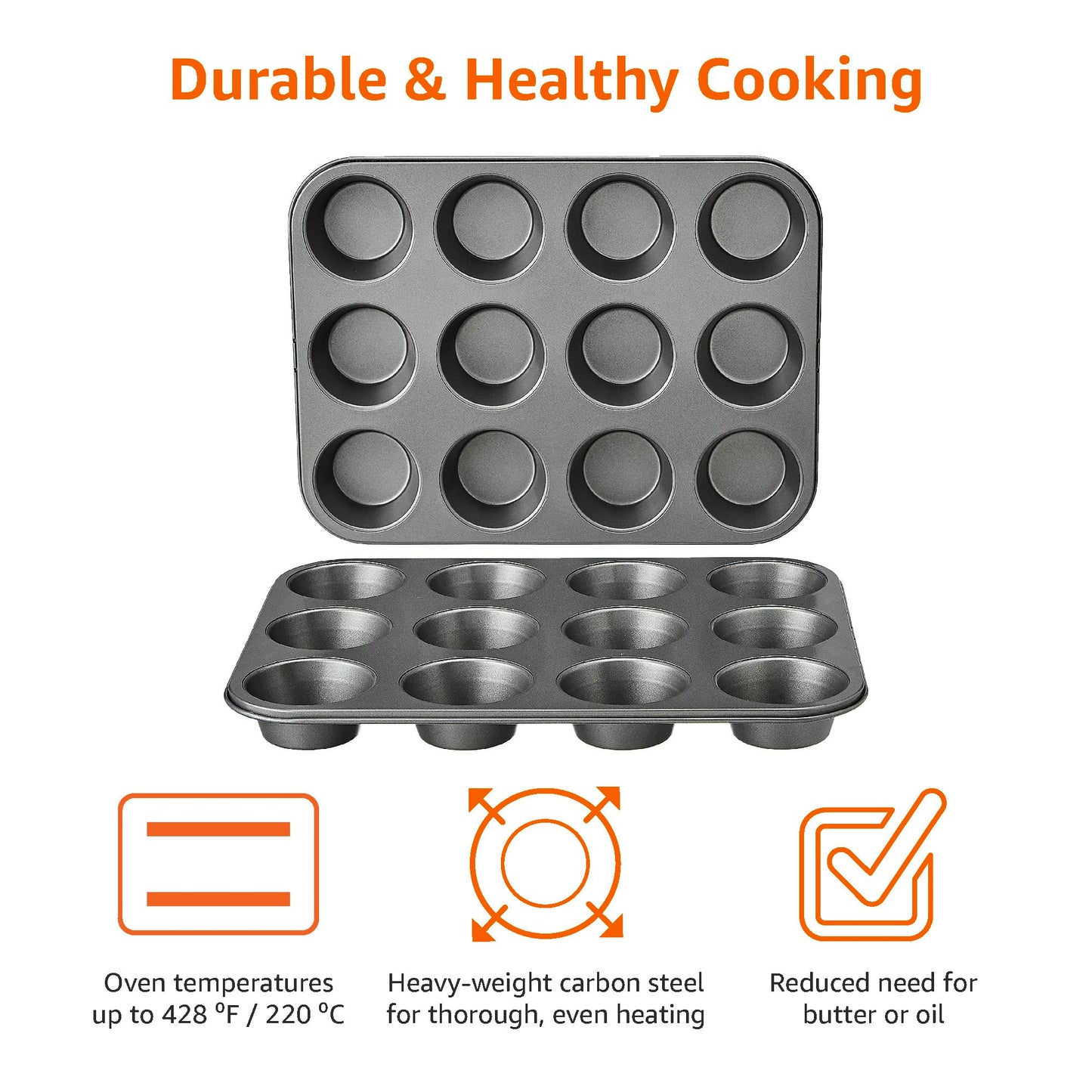 Amazon Basics Nonstick Round Carbon Steel Muffin Pan, 2-Pack, Grey Muffin Trays Only