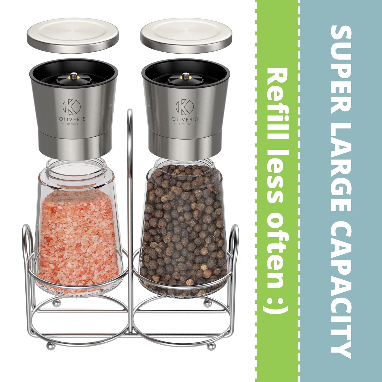 Oliver's Kitchen ® Salt & Pepper Grinder Set - 2X Premium Quality Ceramic Grinders - Easy to Fill & Use - Season to Perfection with Adjustable Coarseness - Large Capacity - Refill Less Often