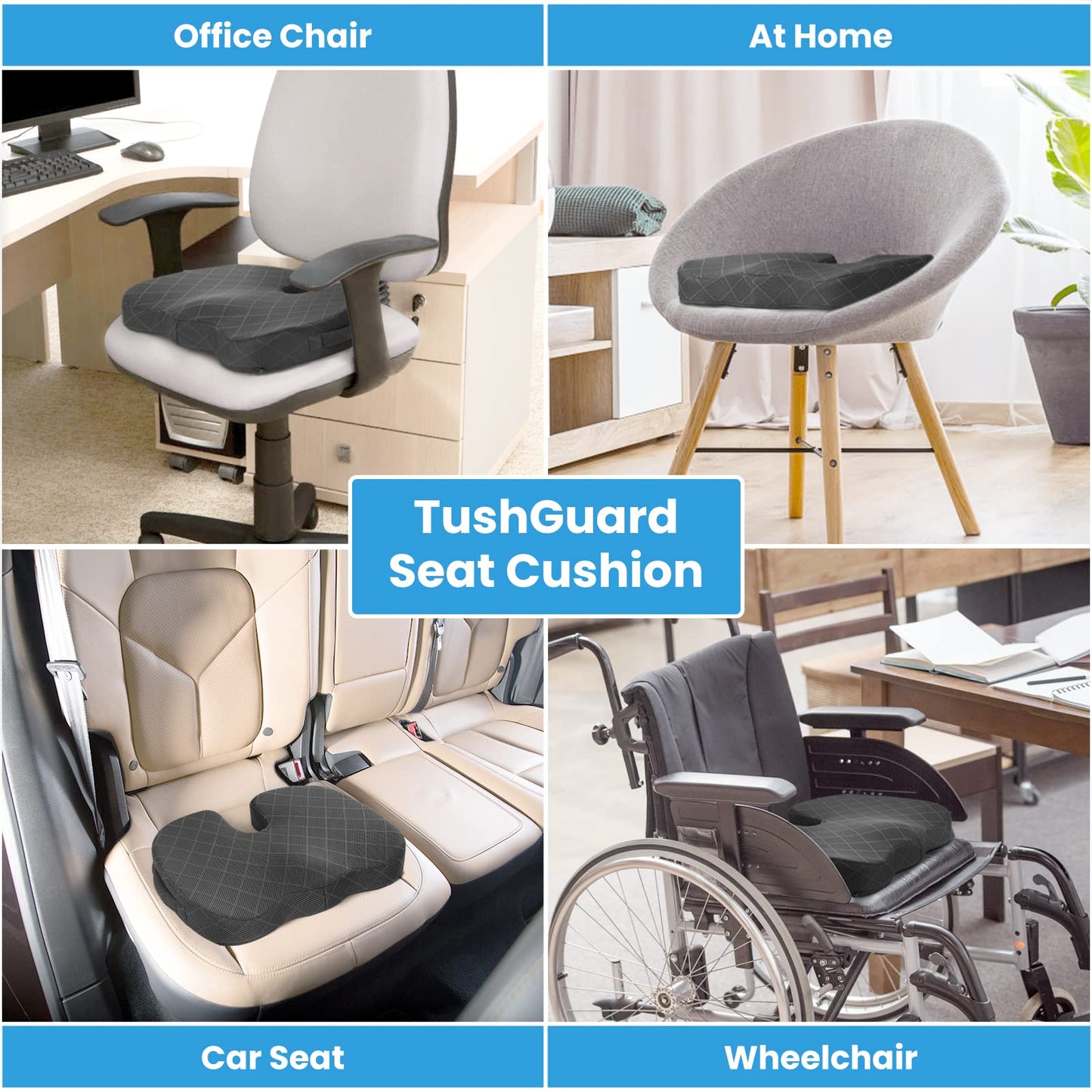 TushGuard Seat Cushion - Memory Foam Cushion for Office Chair, Car Seat, Airplane, Bleacher - Sciatica & Hip & Coccyx Pain Relief Desk Chair Cushion for Long Sitting Office Workers, Car Drivers Gray L