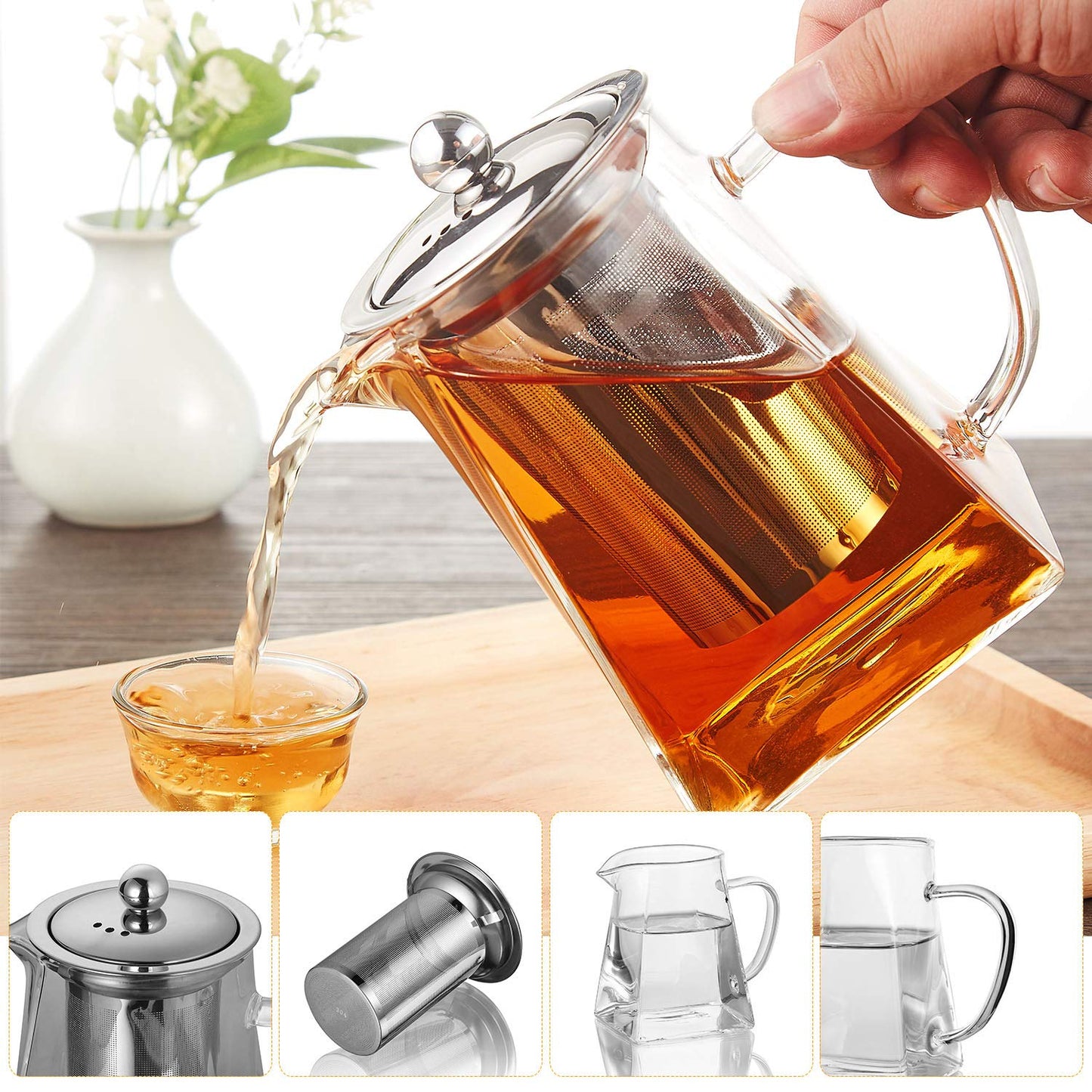 Pluiesoleil 500ML Borosilicate Glass Teapot, Loose Leaf Teapots with Infuser, Square Tea Pot with Strainer, Stovetop Microwave Safe Teapot for 2