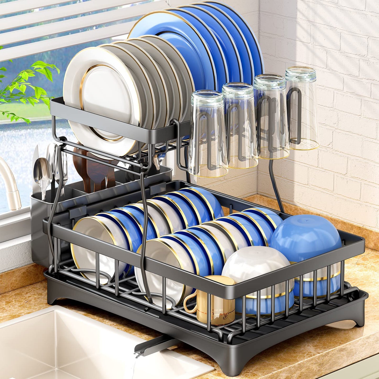 SAYZH Dish Drainer Rack, Detachable 2 Tier Dish Draining Rack and Drain board Set, Large Capacity Dish Drainer Organizer Shelf with Utensil Holder, Cup Rack for Kitchen Counter, Black