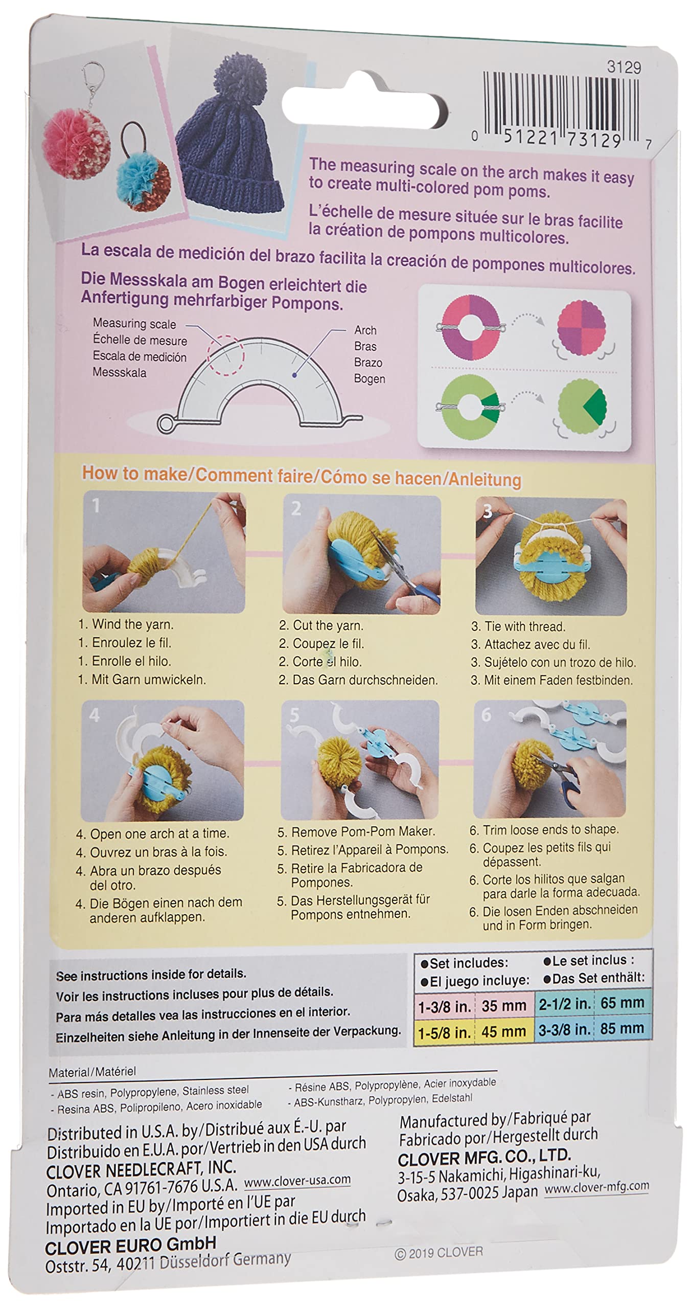 clover Pom Maker Set-4/Pkg, ABS Resin, Polypropylene and Stainless Steel, Multicolor, 8.63 x 5 x 1.38