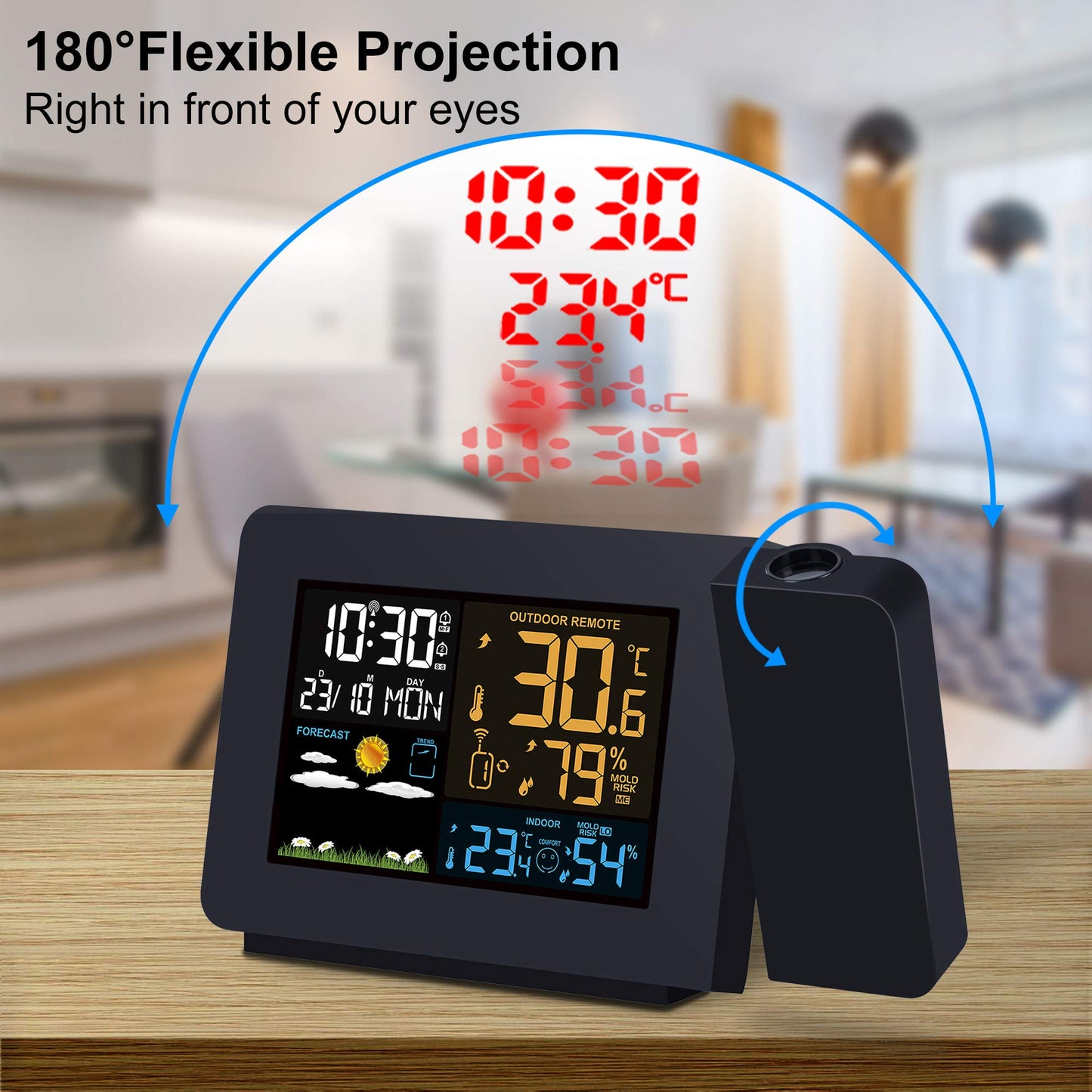 Radio Control(Official 2023MSF UK Version)Kalawen Projection Alarm Clock with Outdoor Sensor,Weather Station for Bedroom,Projector Dimmable Clock Dual Alarms LCD Display Temperature Humidity Date Time Black