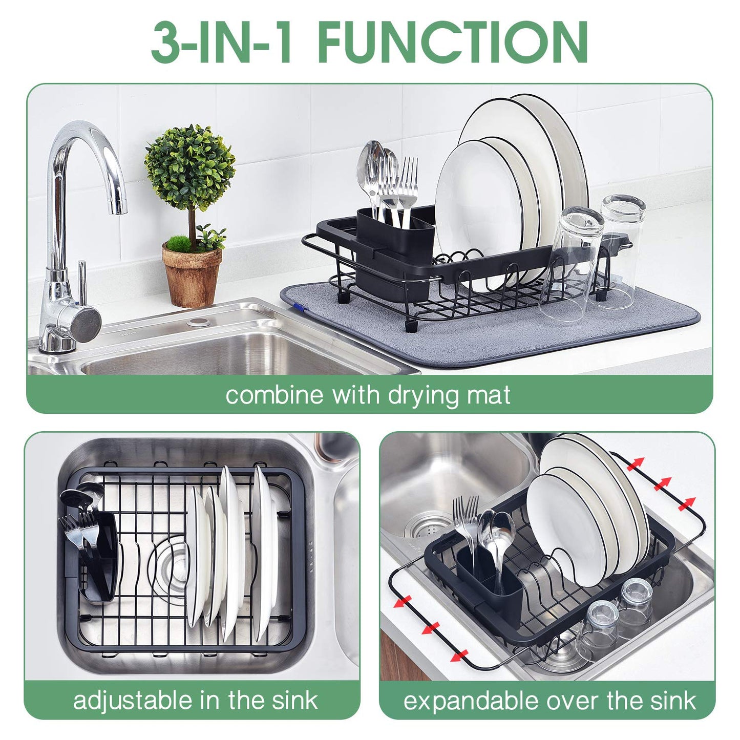 Kingrack Dish Sink Drainer, Dish Drying Rack Over Sink, Extendable Dish Drainer Black With Removable Cutlery Holder, Glass Holder,Dish Rack in Sink or On Counter, Plate Rack Drainer for Kitchen, Black M