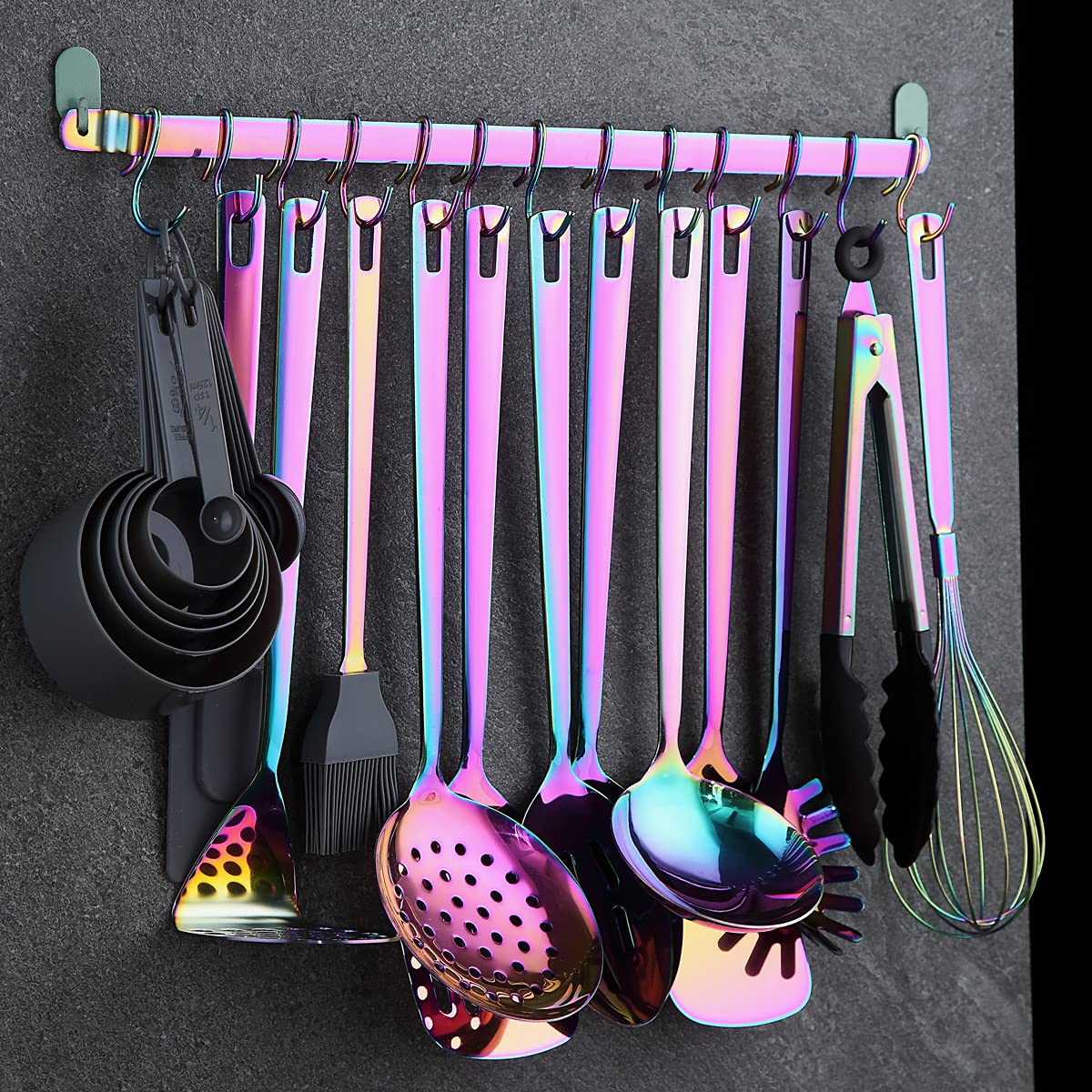 Rainbow Cooking Utensils Set,Kyraton Stainless Steel 37 Pieces Kitchen Utensils Set with Titanium Colorful Plating,Kitchen Gadgets Cookware, Kitchen Tool Set with Utensil Holder, Dishwasher Safe 3.37 Piece Rainbow Set