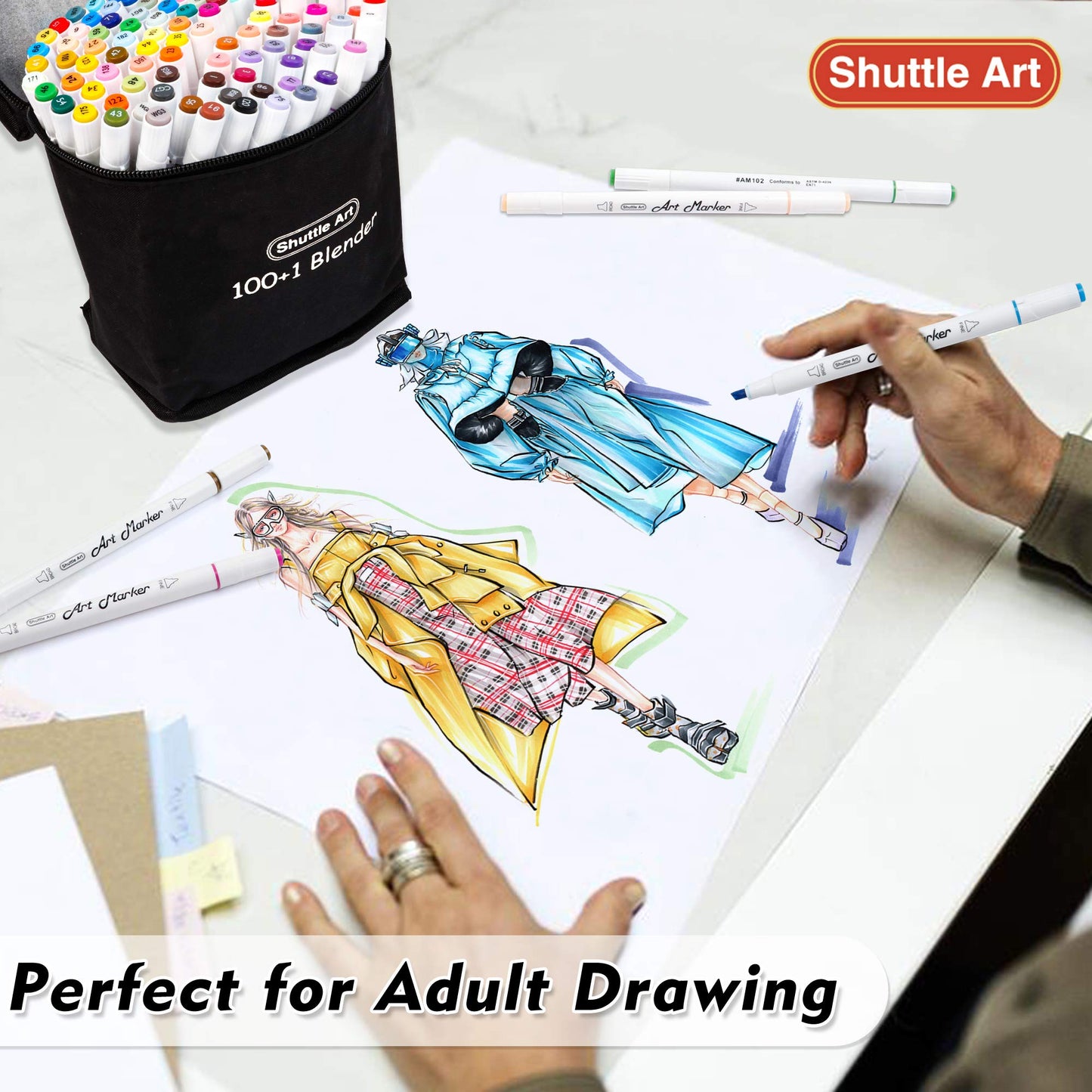 Shuttle Art 100 Colours Alcohol Markers, Dual Tip Art Markers Plus 1 Blender Art Pens for Drawing, Sketching Highlighting, Marker Pens with Carrying Case for Artists and Adult Colouring Manga Design