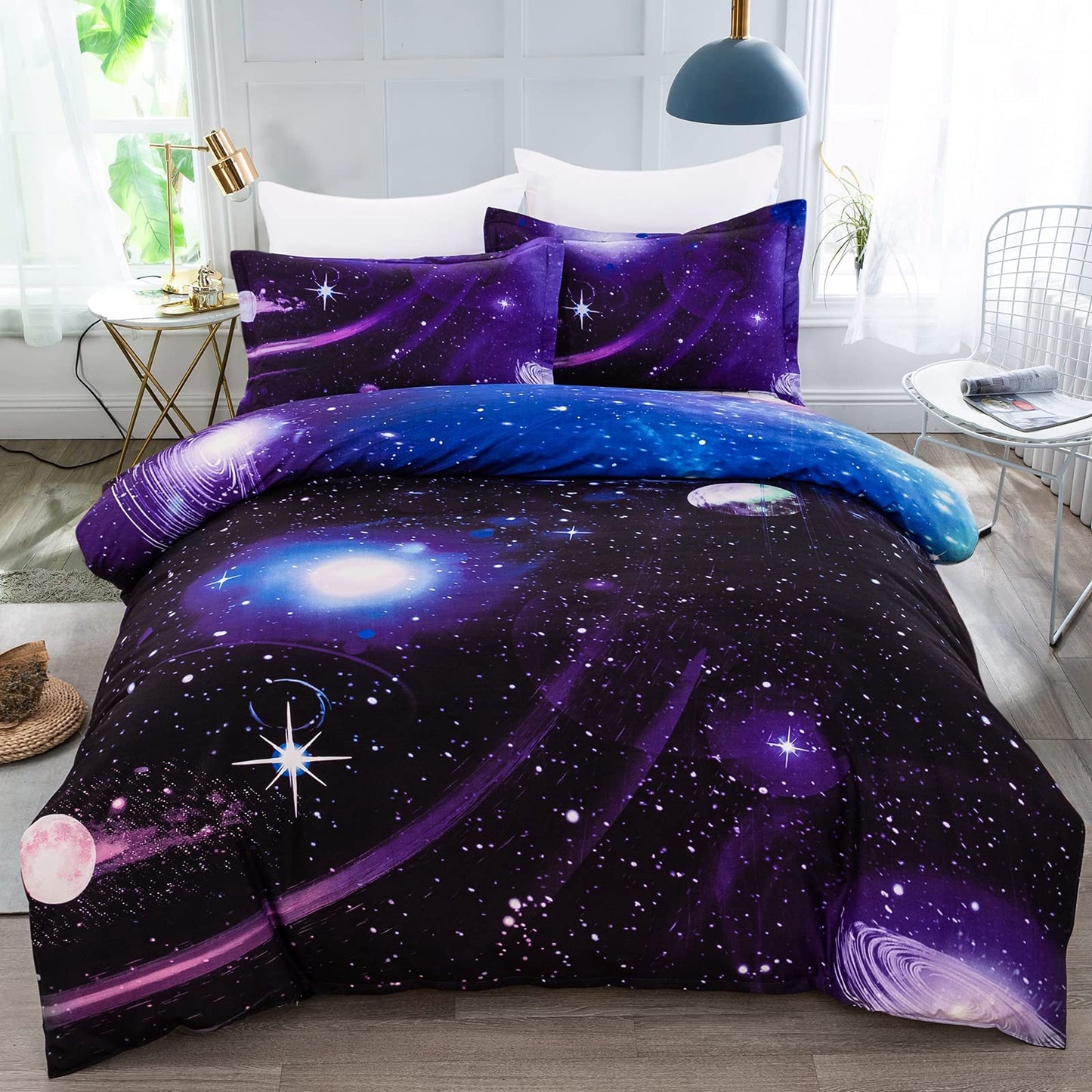 Galaxy Duvet Cover Single Reversible Universe Moon Printed Bedding Set Soft Microfiber Quilt Cover with Zipper Closure for Bedding Decro (2Pcs,135x200cm) Single Size Purple