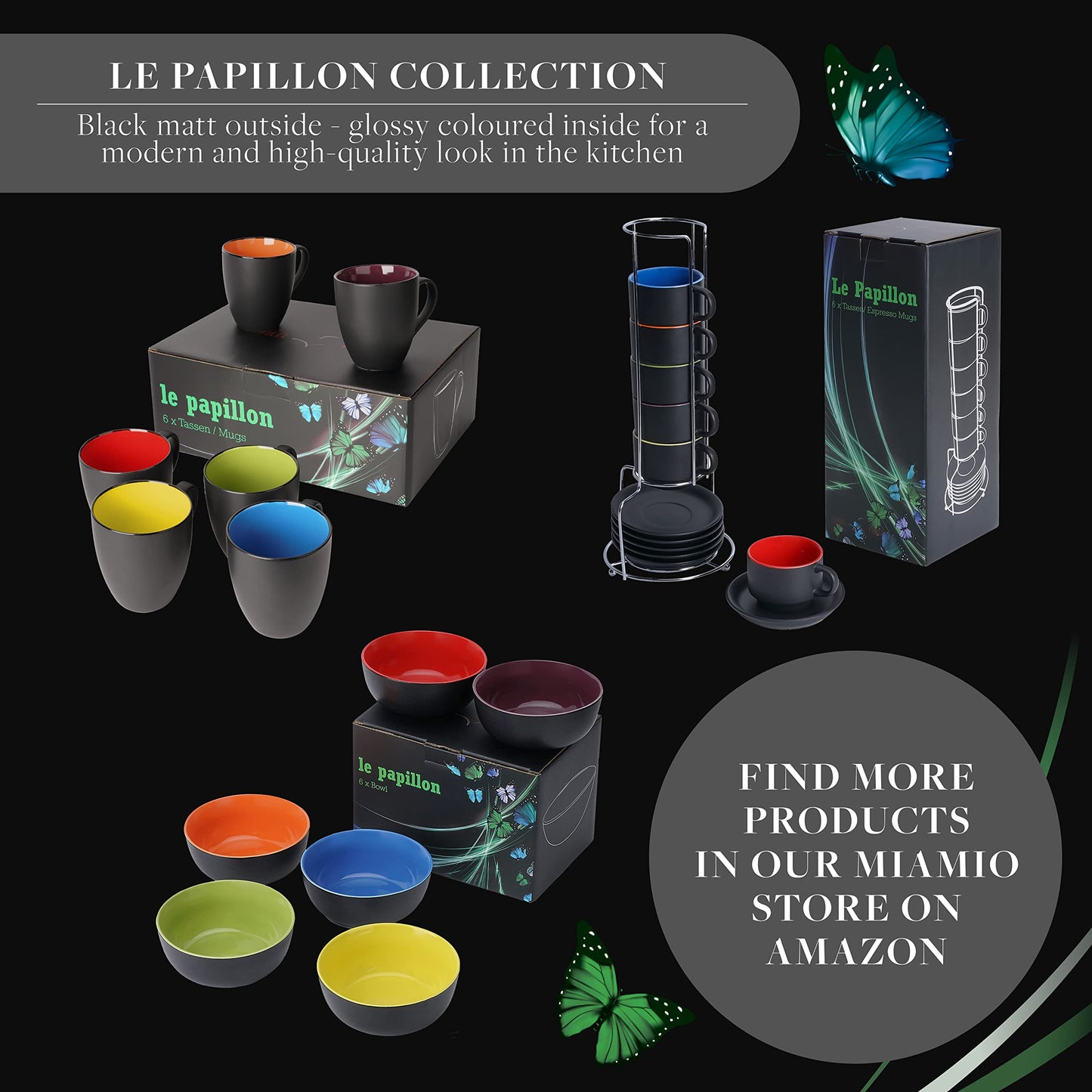 MIAMIO - 6 x 350 ml Stoneware Coffee Mug/Cup Set - Le Papillon Collection (Black-Colourful) Black-colourful