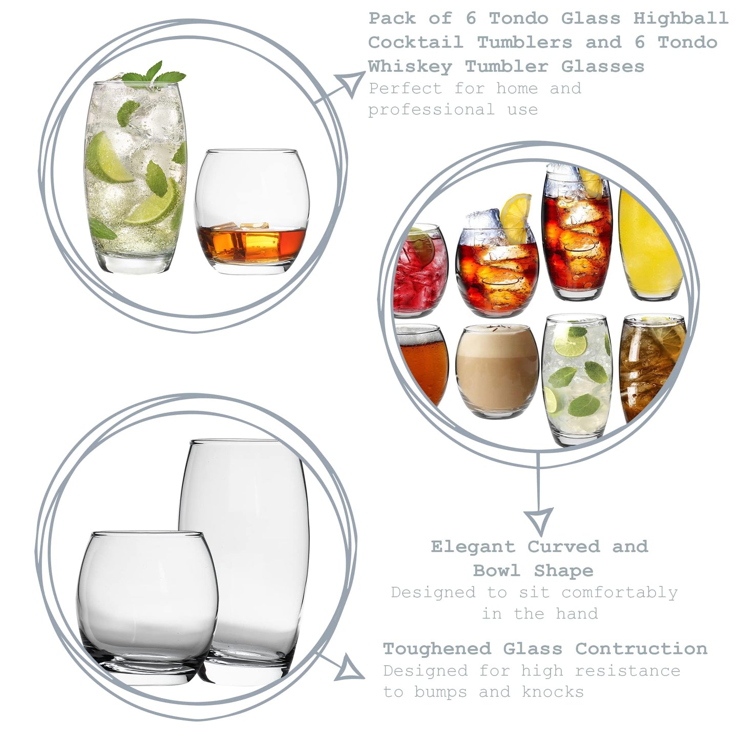 Argon Tableware Tumbler Whisky Glasses - Pack of 6-405ml - 'Tondo' Range - Modern Hiball Cocktail Juice Water Drinking Tumblers Set - Dishwasher Safe