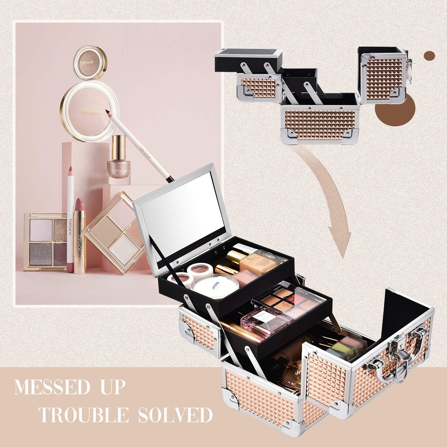 Joligrace Girls Makeup Box with Mirror Cosmetic Case Jewelry Organiser Light Weight Lockable with Keys, Size: 19.5x15x16cm (Rose Gold) Rose Gold