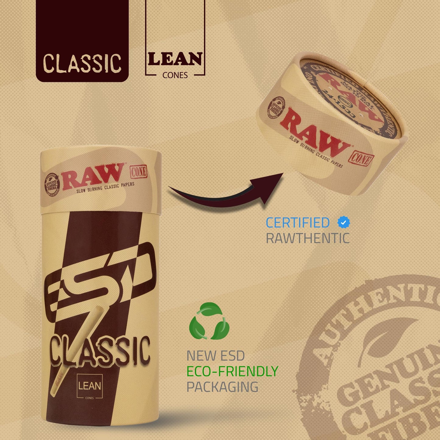 RAW Cones Classic Lean Size | 50 Pack | Natural Pre Rolled Rolling Paper with Tips & Packing Sticks Included