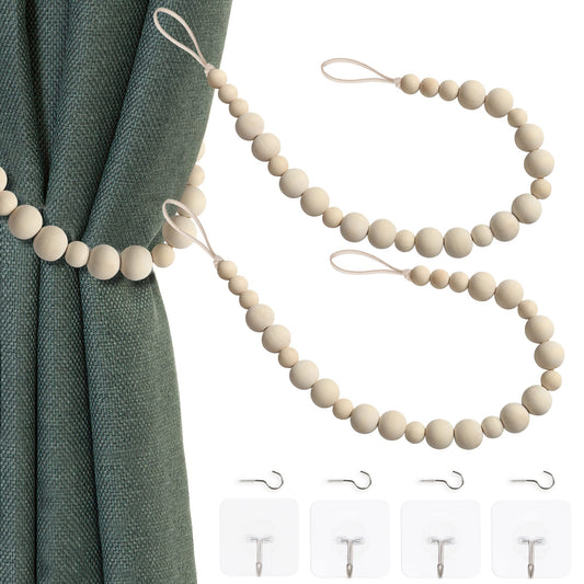 2 Pieces Wood Bead Curtain Tieback Boho Curtain Tiebacks Curtain Holdbacks for Wall Curtain Ties Window Treatment Drape Tie Back with Hooks for Bedroom Wall Dining Decoration(Wood Color,2) Wood Color 2