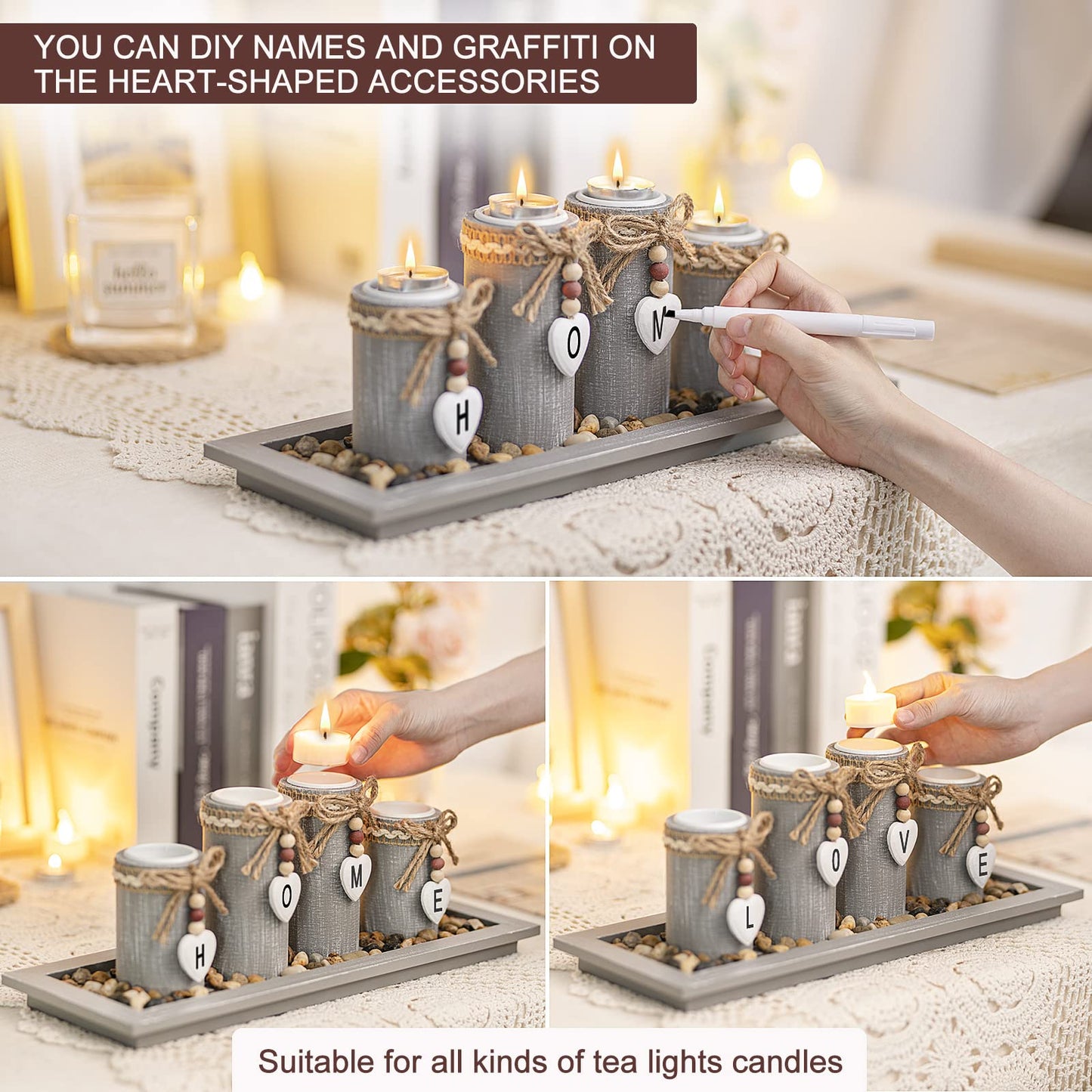 GoMaihe Candle Holder Set of 4 with Wodden Tray, Tealight Holders Candlestick Holder, Table Centerpiece Home Decor Living Room Bedroom Decoration Mum Birthday Gift Wedding Christmas Party Ornaments