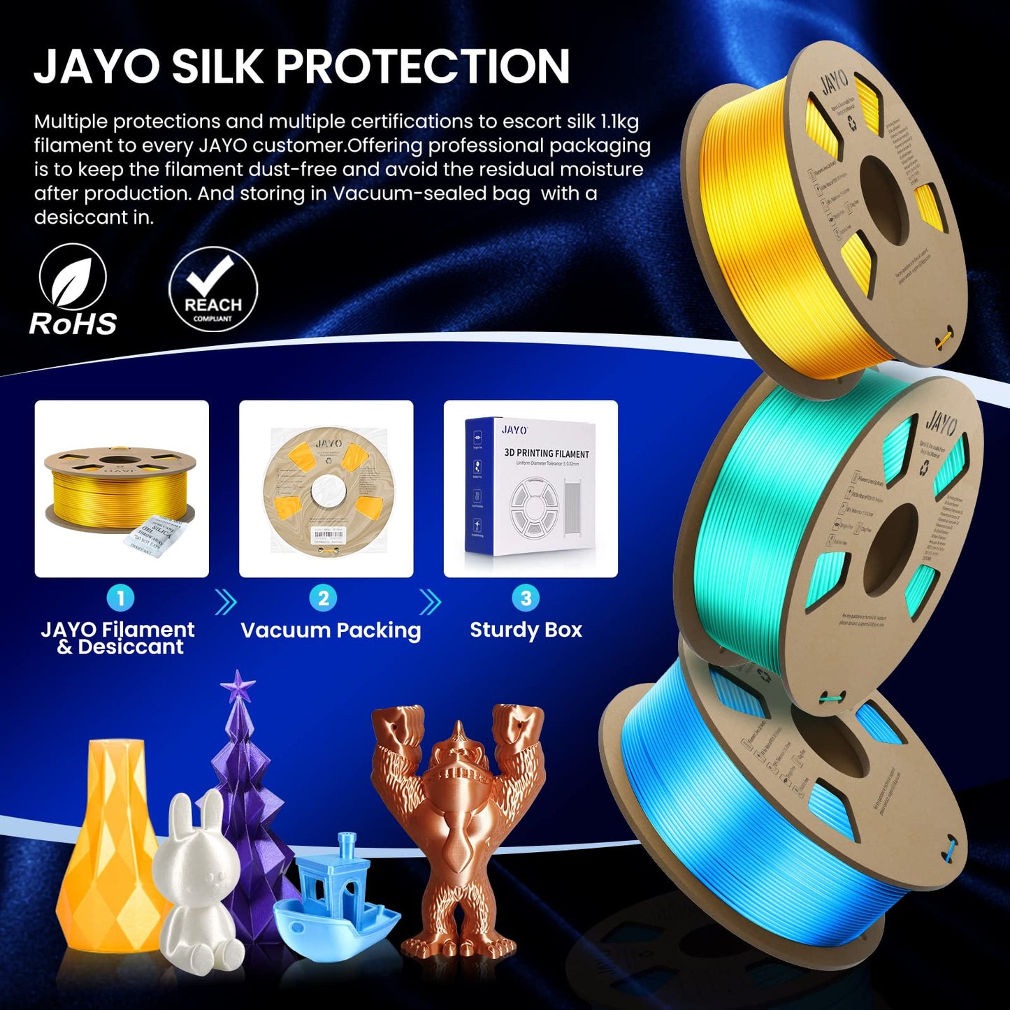 JAYO PLA Silk Filament 1.75mm, Shiny PLA 3D Printer Filament 2.2kg, Neatly Wound Filament, Dimensional Accuracy +/- 0.02, 2 Spools PLA+ Silver+Light Gold 2.2kg Silver+Gold