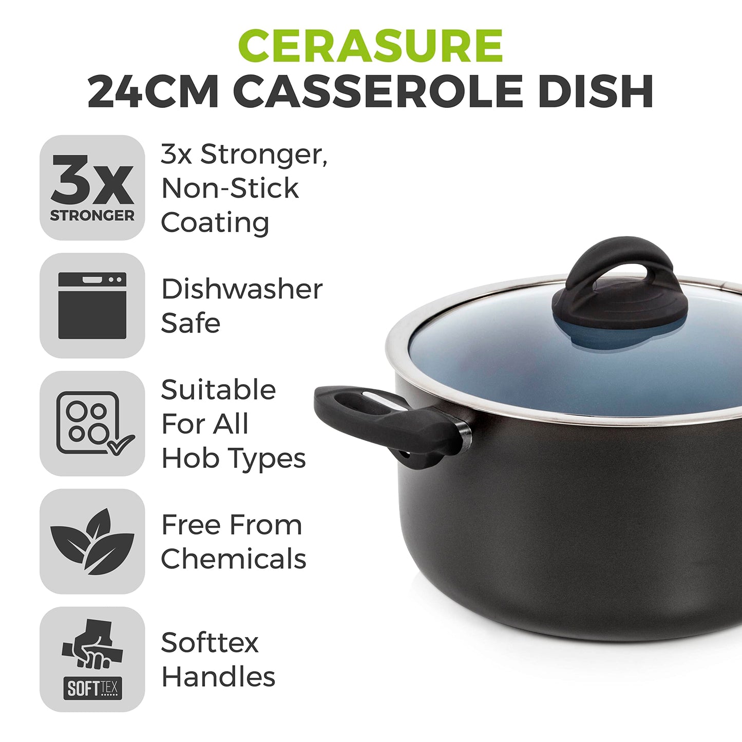 Tower T80304 Cerasure 24cm Casserole Dish with Non-Stick Coating, Suitable for all Hob Types, Graphite