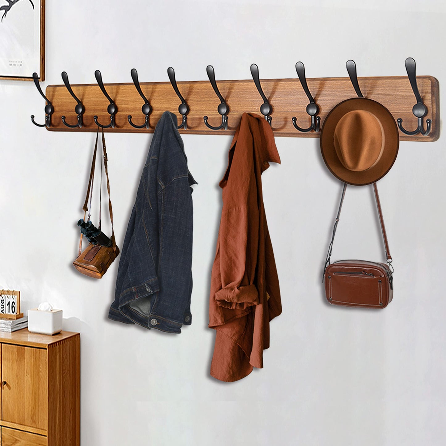 WEBI Coat Rack Wall Mounted,Wood Coat Hooks Wall Mounted,16’’ Hole to Hole,Coat Hanger Wall,Hook Rack Rail,5 Triple Hooks for Hanging Coats,Hats,Jacket,Clothes,Rustic Brown 5 Hooks Natural