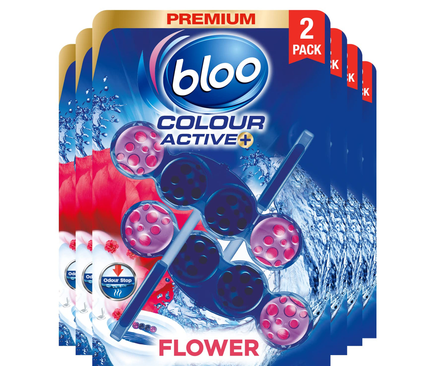 Bloo Colour Active Toilet Rim Block Fresh Flowers with Anti-Limescale, Cleaning Foam, Dirt Protection and Extra Freshness - 12 x rimblocks 50 g (Pack of 12)