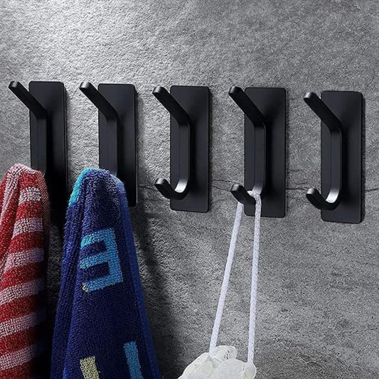 GlazieVault Self Adhesive Hooks 5 Packs | Coat Hooks Wall Mounted | Sticky Hooks, Waterproof Heavy Duty Stick on Wall Hooks for Door (Black) Black Adhesive Pack 5