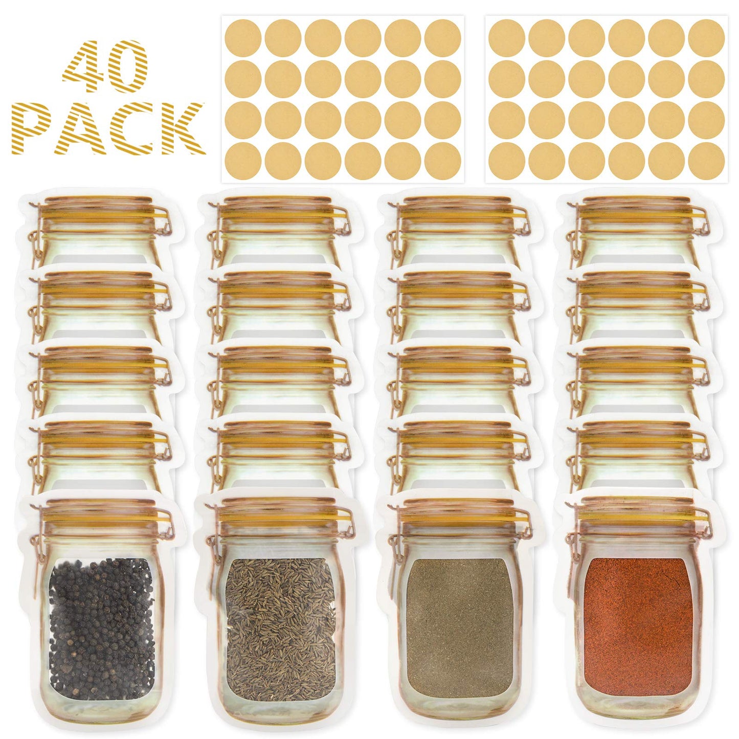 Mlife Spice storage Bags-40 PCS Small Mason jar Spice Jars Bags with 48 PCS Spice Labels,Snack Saver Container Leak-Proof Zip-Lock Bags for Travel Camping Picnic 40pc